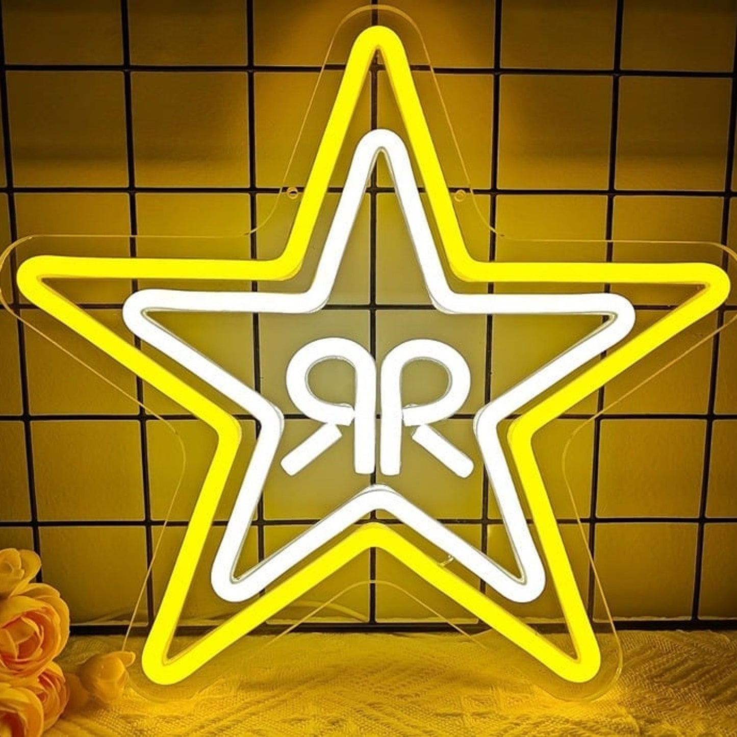 Vivid Bright White / Yellow Rock Star Energy Drink Logo LED Light Room Wall Dec