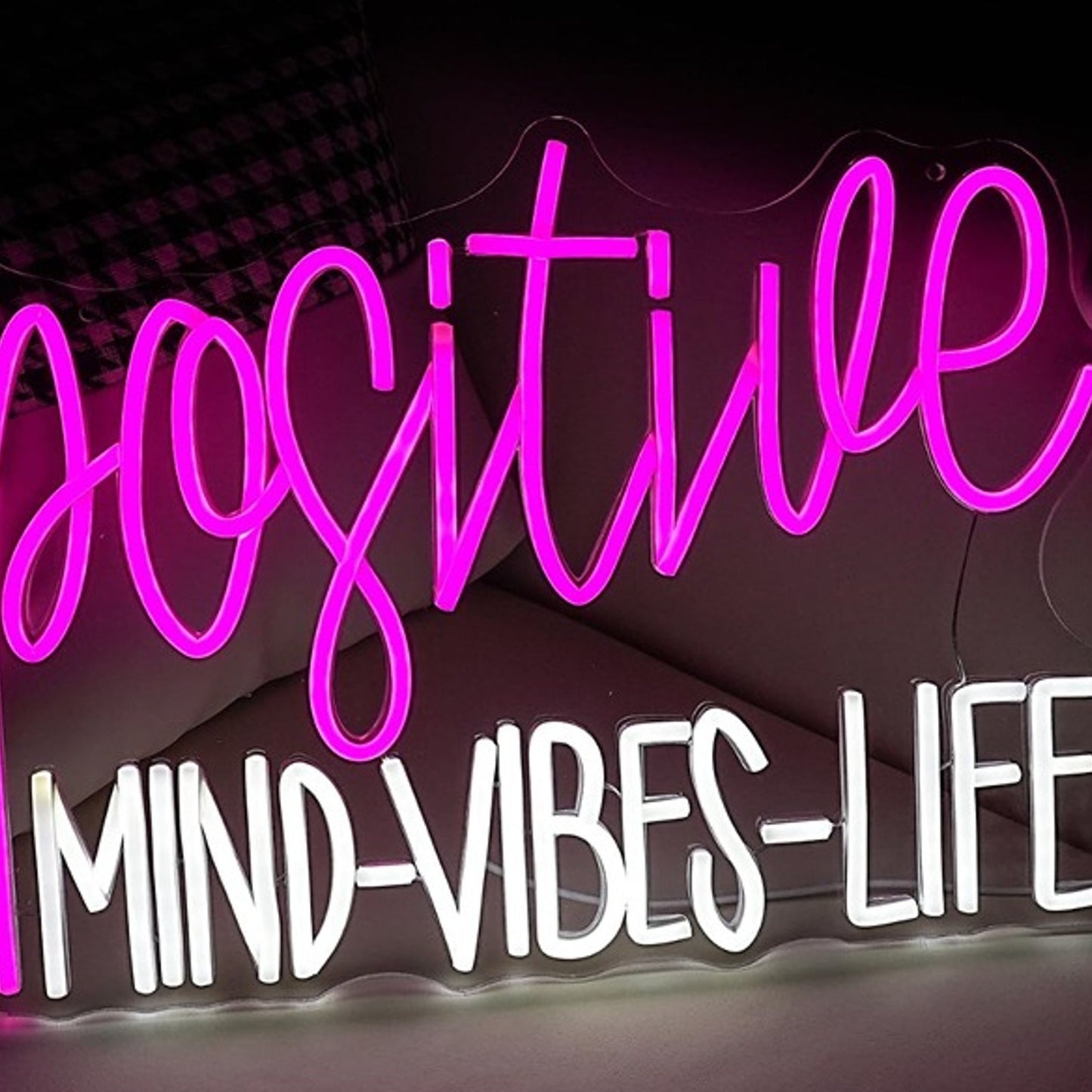 Vivid Bright Pink “Positive Mind - Vibes - Life” LED Night Light Room Wall Decor