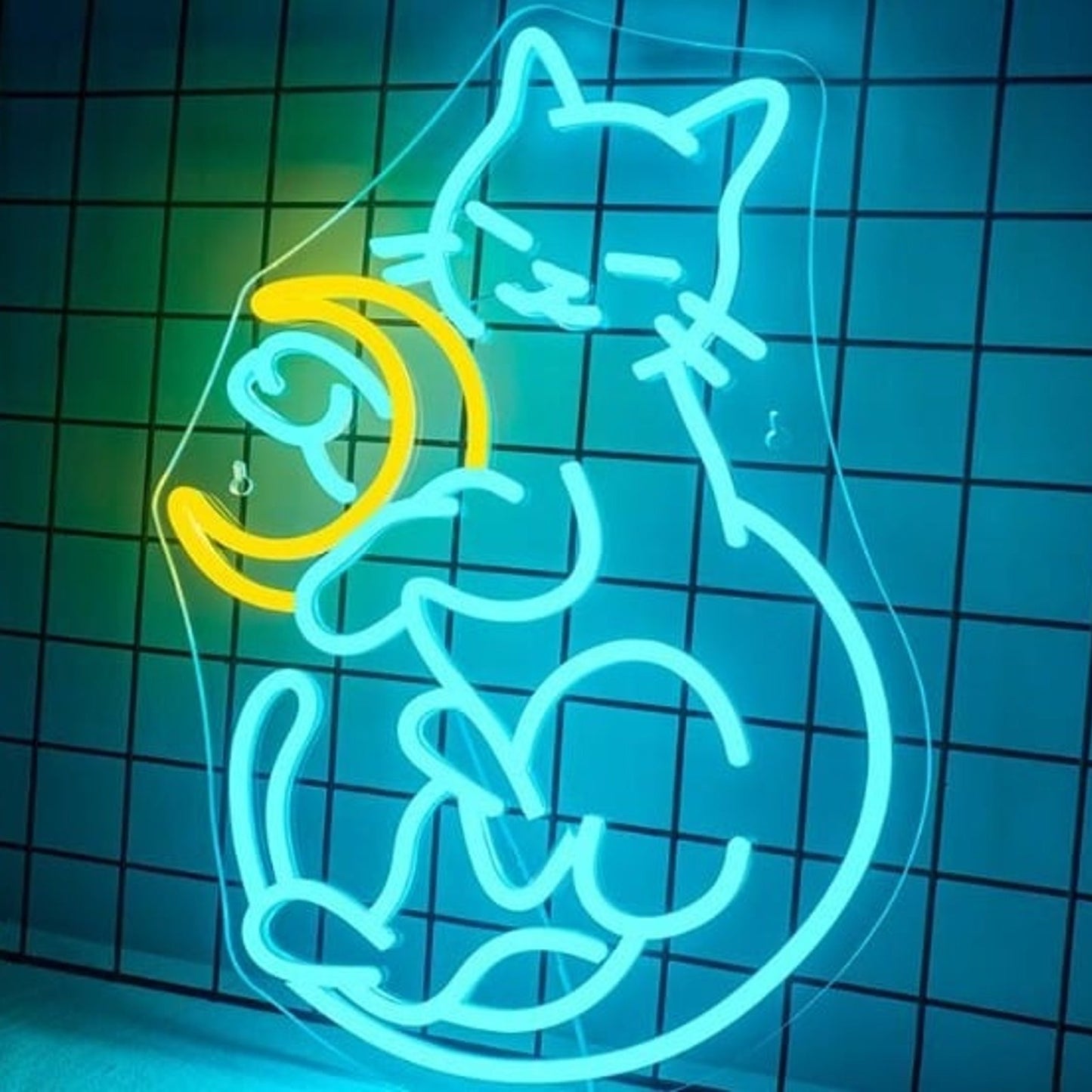 Lovely Bright Blue Kitty Cat Cuddling the Moon LED Night Light Room Wall Decor