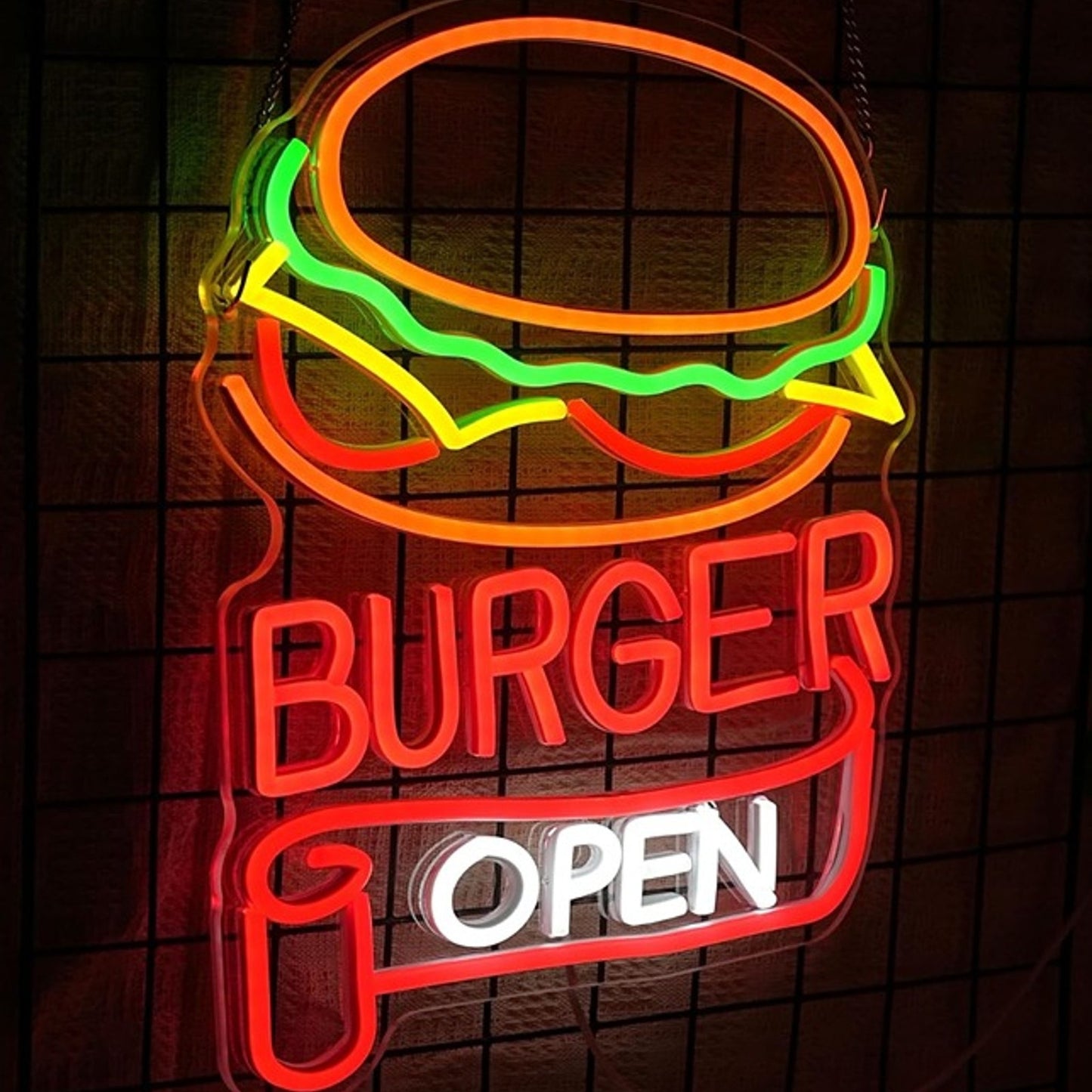 Vivid Bright “Burger Open” Sign LED Night Light Restaurant Shop Room Wall Decor
