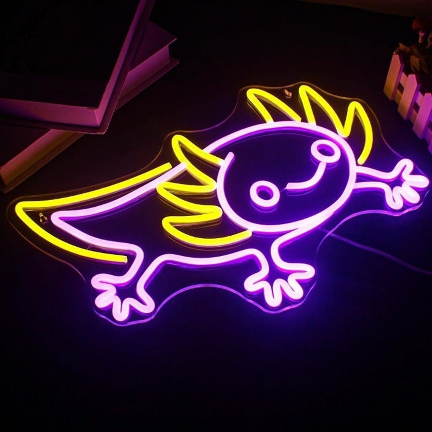Adorable Bright Purple/Yellow Happy Axolotl Salamander LED Light Room Wall Decor