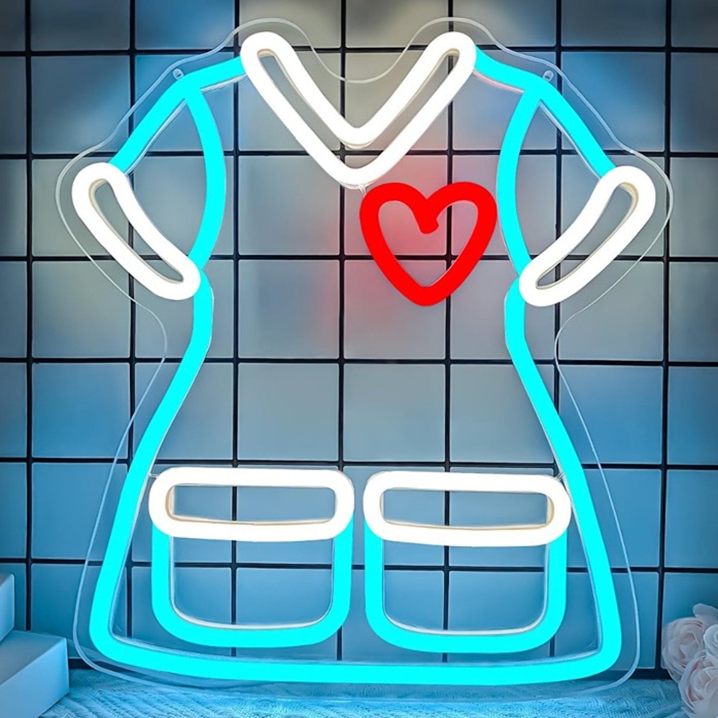 Lovely Bright Blue Nurse Scrub Shirt Red Heart Night Light Room Wall Hospital