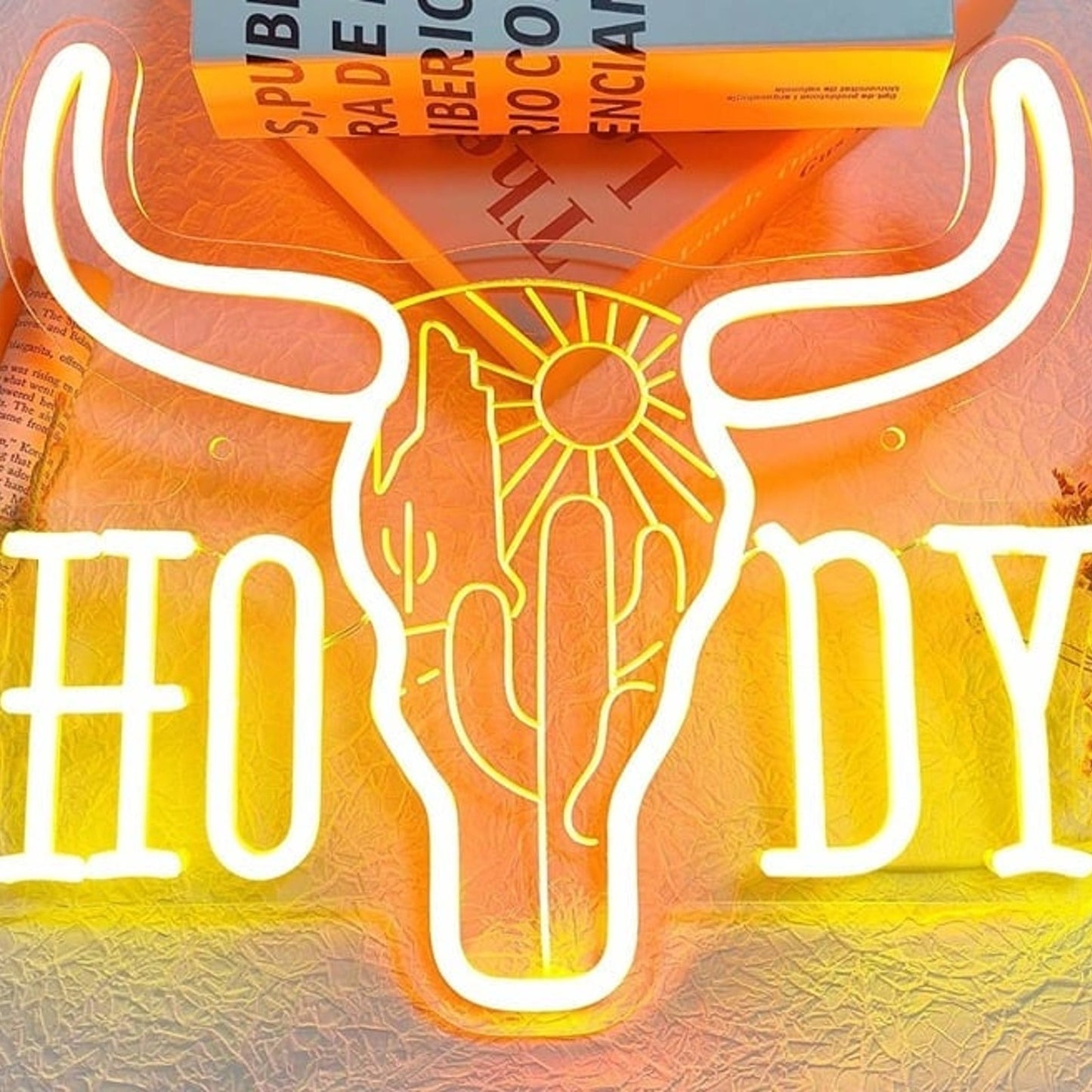 Fun Bright Orange Howdy Bull Head Cactus Sunset LED Light Room Wall Decor
