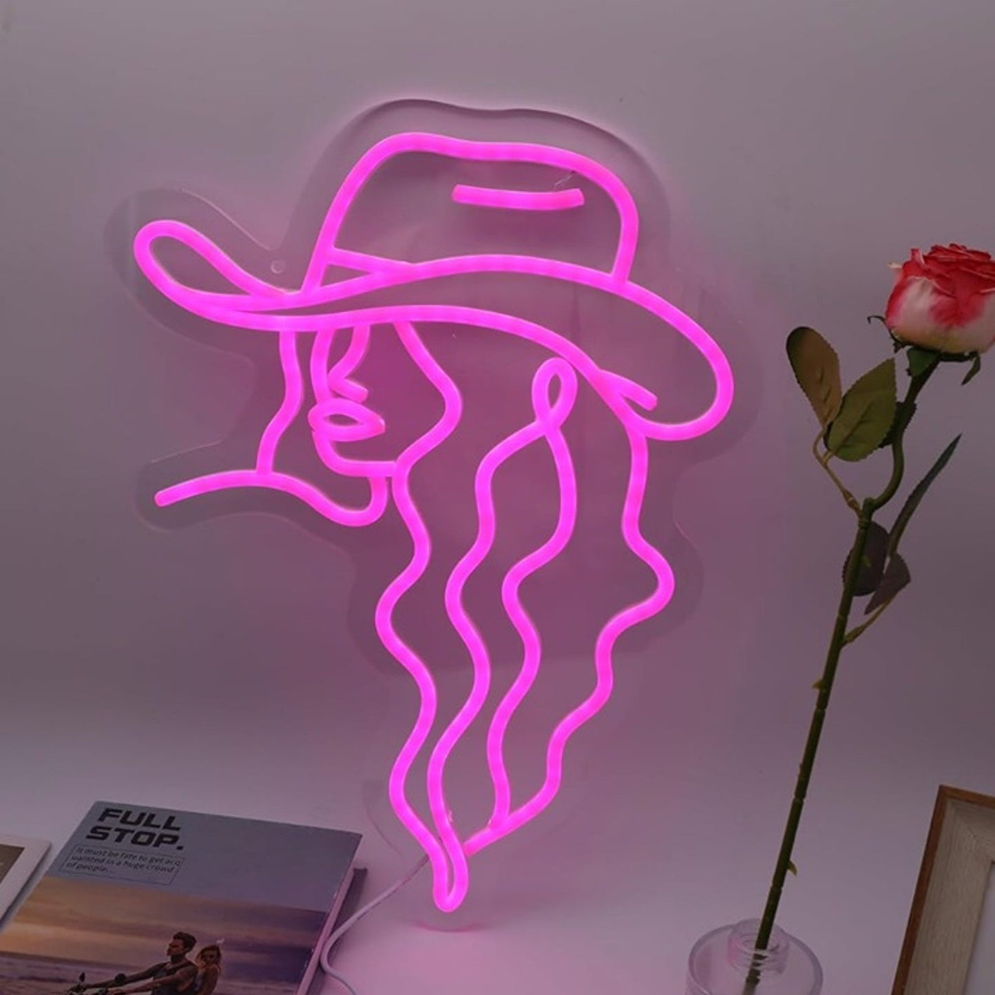Lovely Bright Pink Long Hair Cow Girl LED Night Light Room Wall Decoration