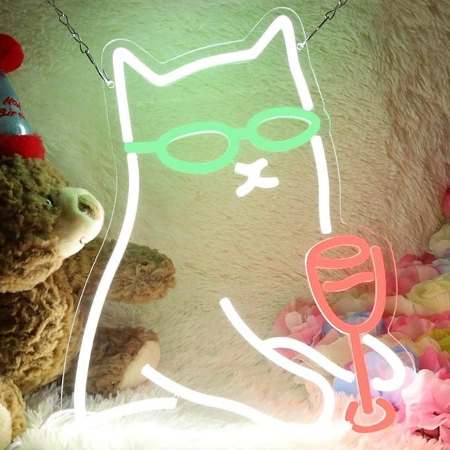 Fun Bright White Kitty Cat in Sunglasses Drinking Wine LED Night Light Room Wall