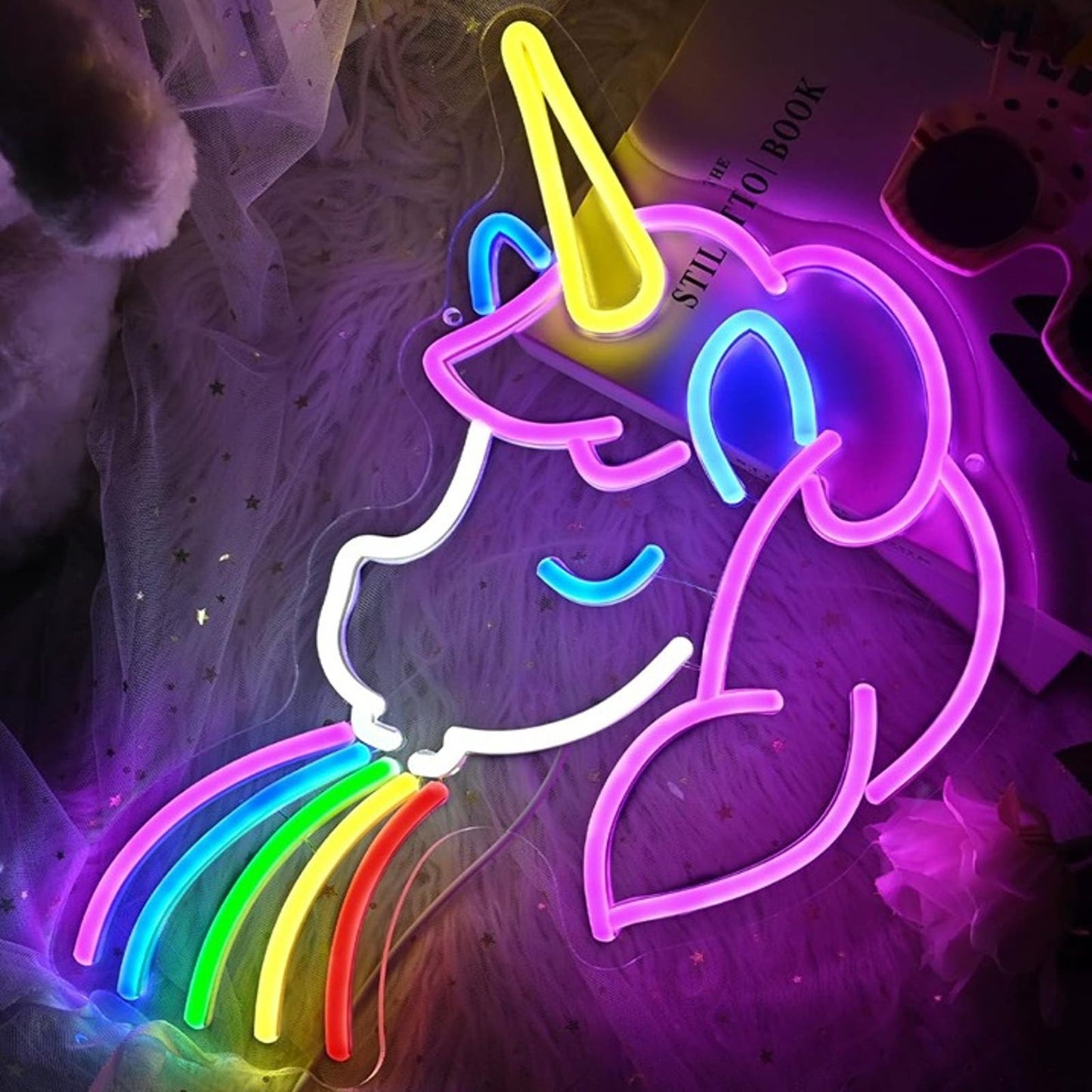 Fun Bright Unicorn Spitting Rainbows LED Night Light Room Wall Decoration