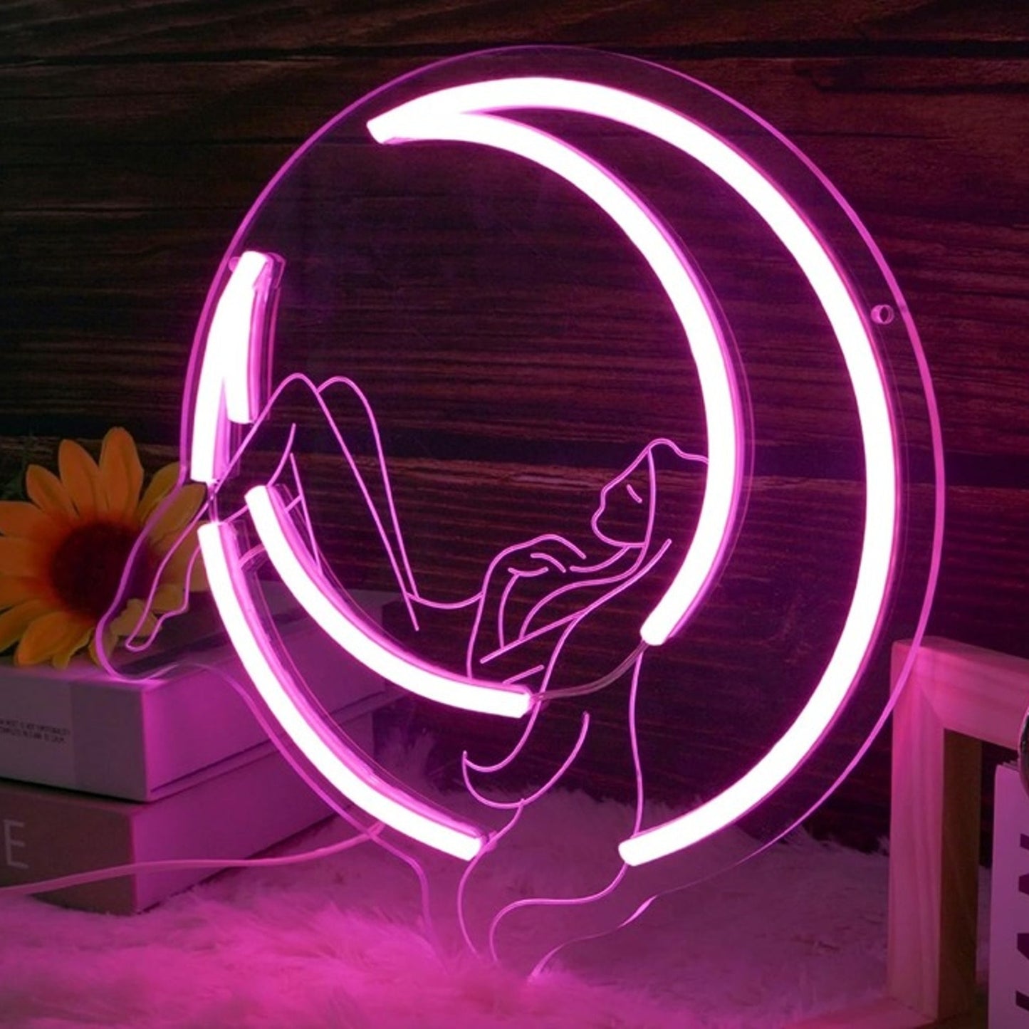 Lovely Bright Lady Resting on Crescent Moon LED Night Light Room Wall Decoration