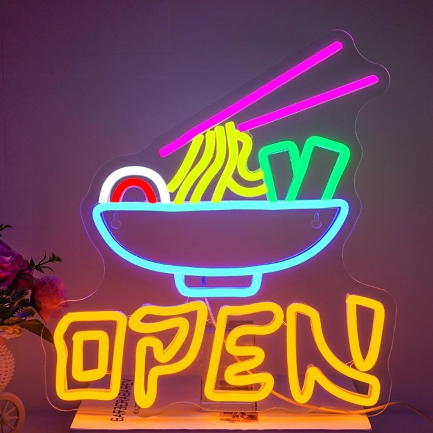 Vivid Bright Colorful “Open” Ramen Noodles LED Light Business Wall Window Decor