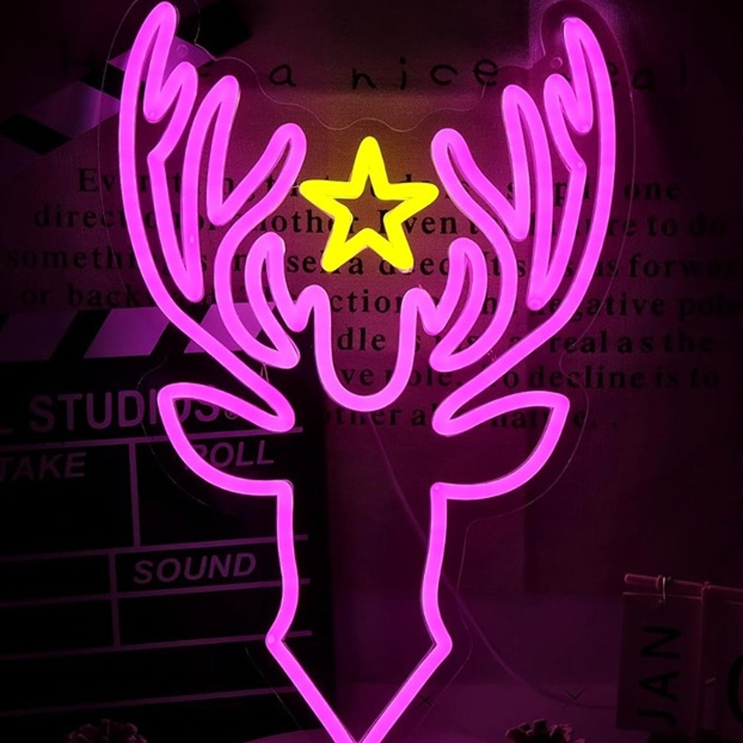 Lovely Bright Pink Reindeer Yellow Star LED Night Light Room Wall Decoration