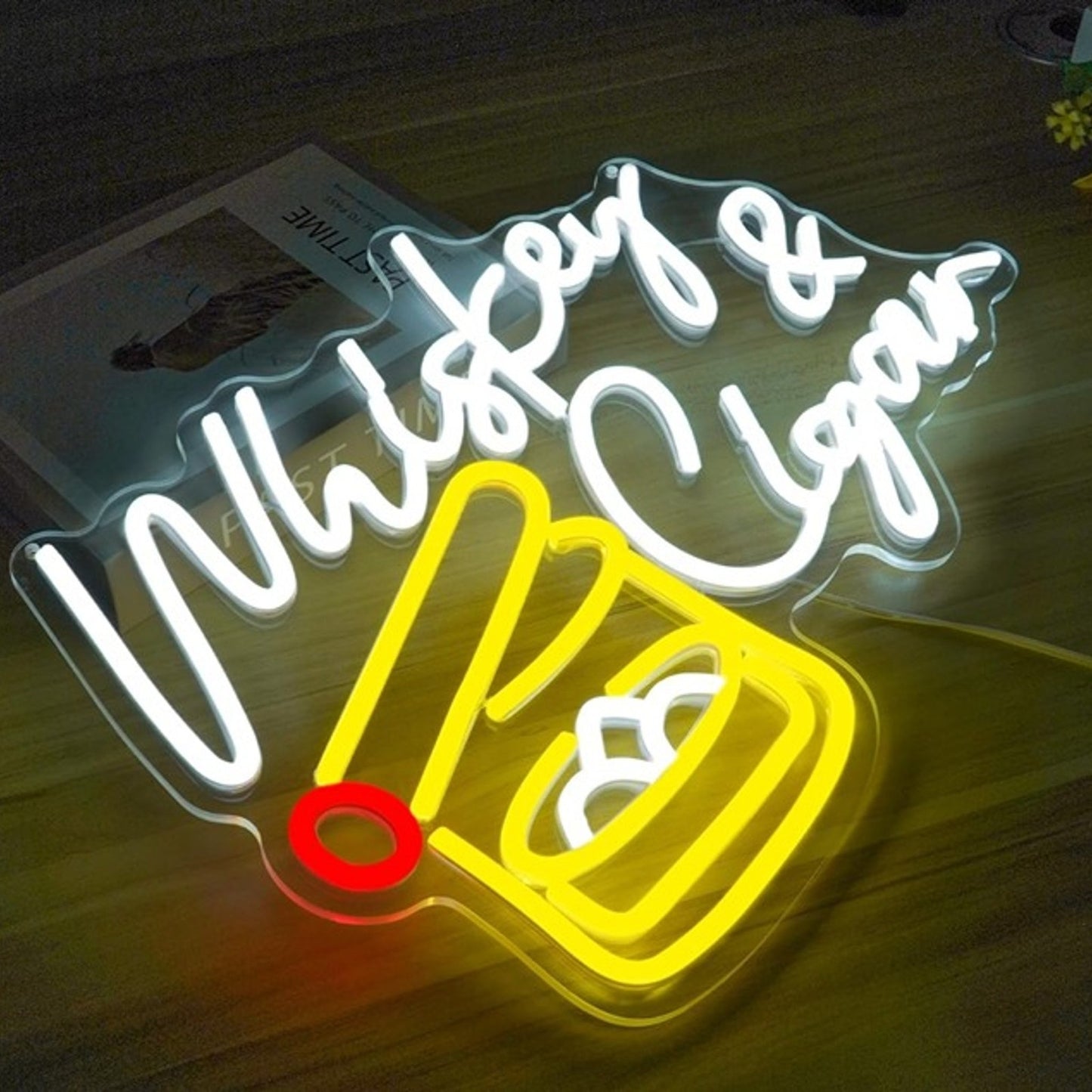 Vivid Bright White / Yellow “Whisky & Cigar” LED Night Light Bar Wall Decoration