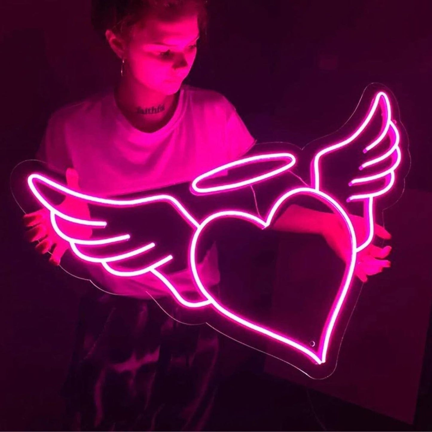 Lovely Bright Warm Pink Heavenly Angel Wing Heart LED Night Light Room Wall Deco
