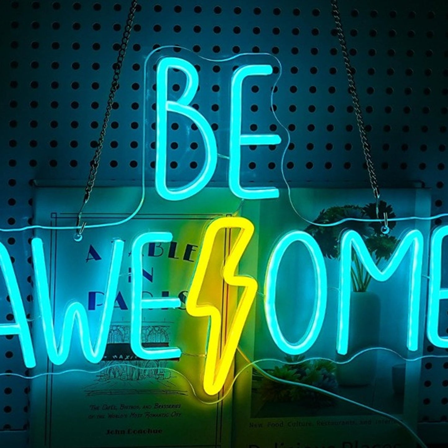 Vivid Bright Blue “Be Awesome” Lightning Bolt LEDD Night Light Room Wall Decor