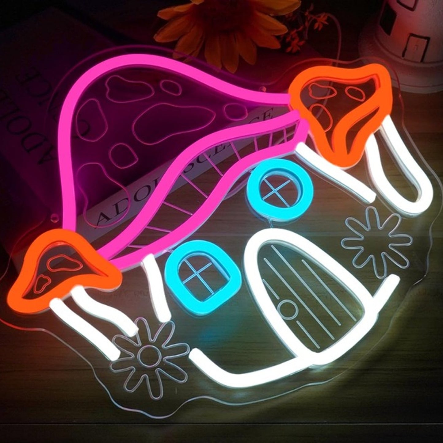 Lovely Bright Cute Pink Mushroom House LED Night Light Room Wall Decoration