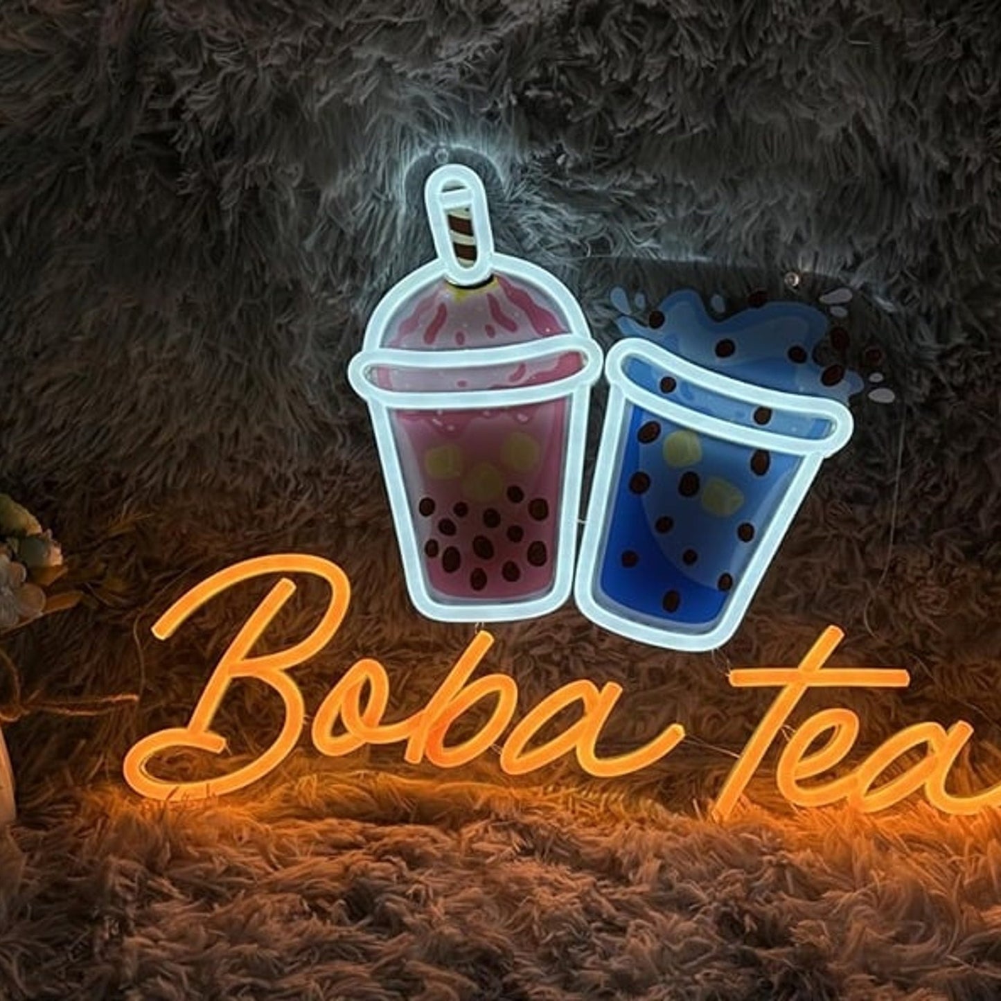 Vivid Bright Pink / Blue Tasty Boba Tea LED Night Light Shop Room Wall Decor