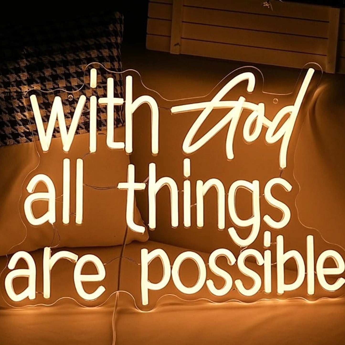 Lovely Bright Warm White “With God All Things Are Possible” LED Light Room Decor