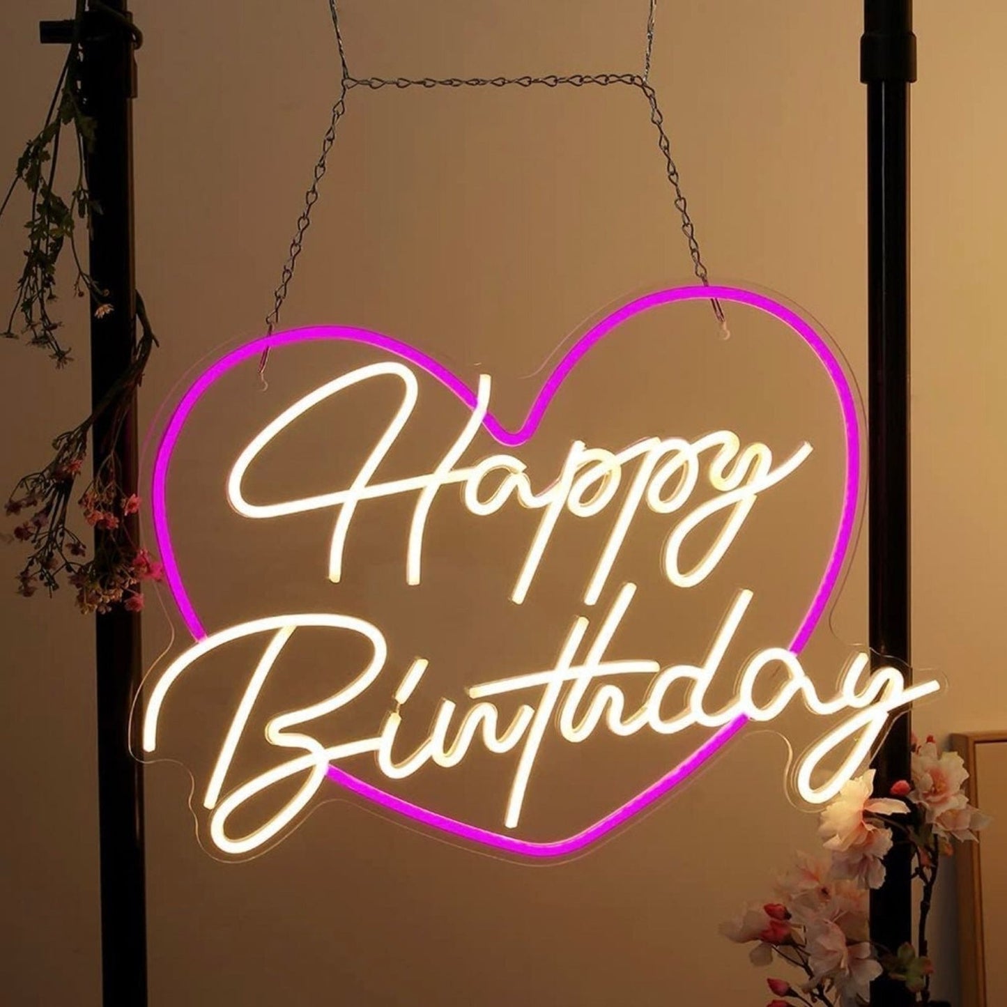 Lovely Bright Pink Heart Happy Birthday LED Light Celebration Decoration