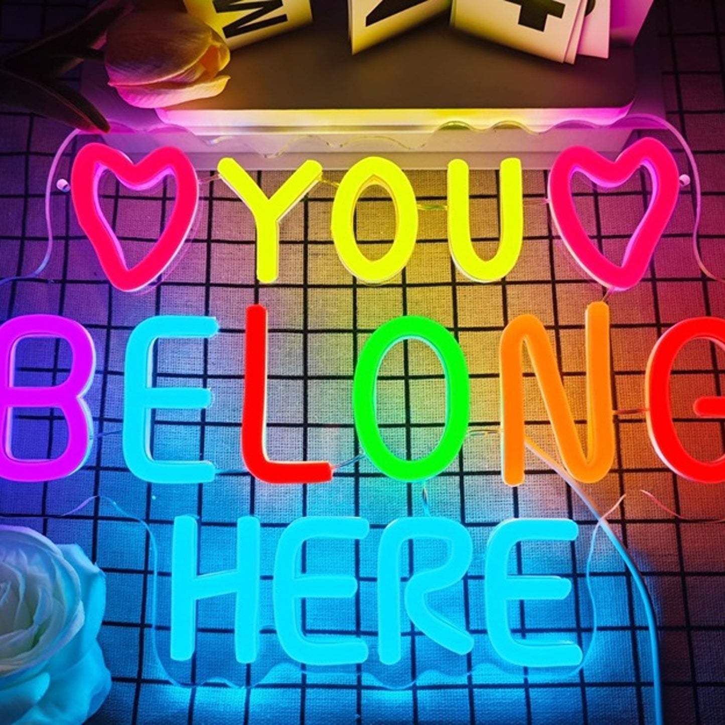 Lovely Bright Rainbow “You Belong Here” Red Heart Night Light Room Wall Decor