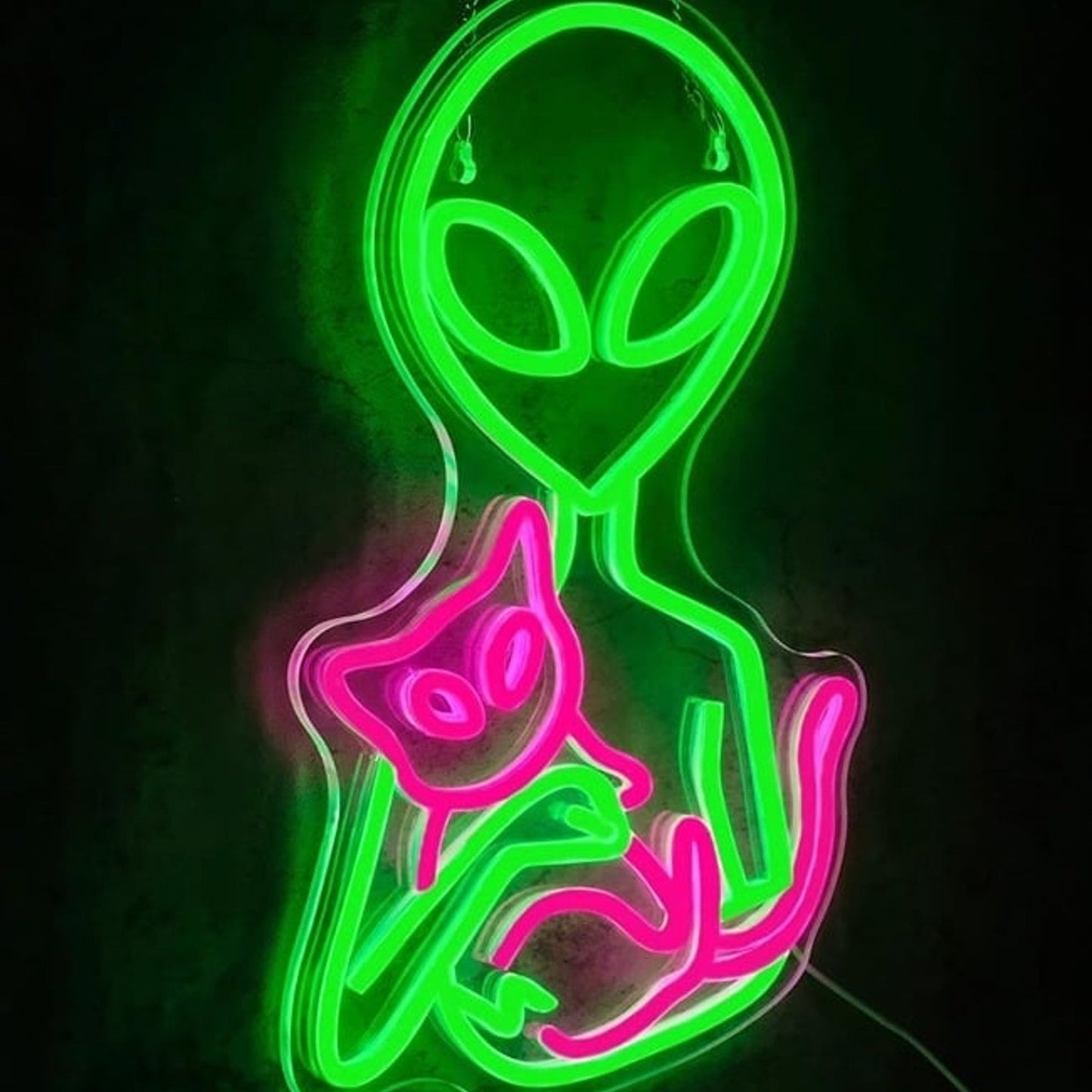 Fun Bright Green Alien Holding a Pink Kitty Cat LED Night Light Room Wall Decor