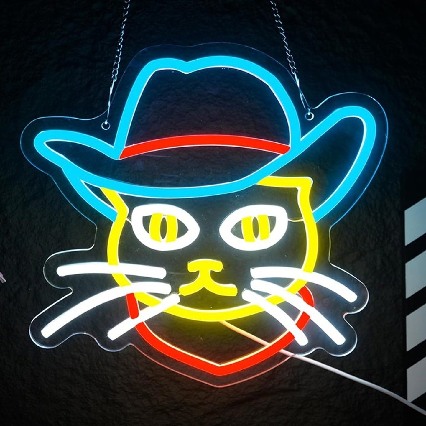 Fun Bright Yellow Cowboy Cat in Blue Hat LED Night Light Room Wall Decoration