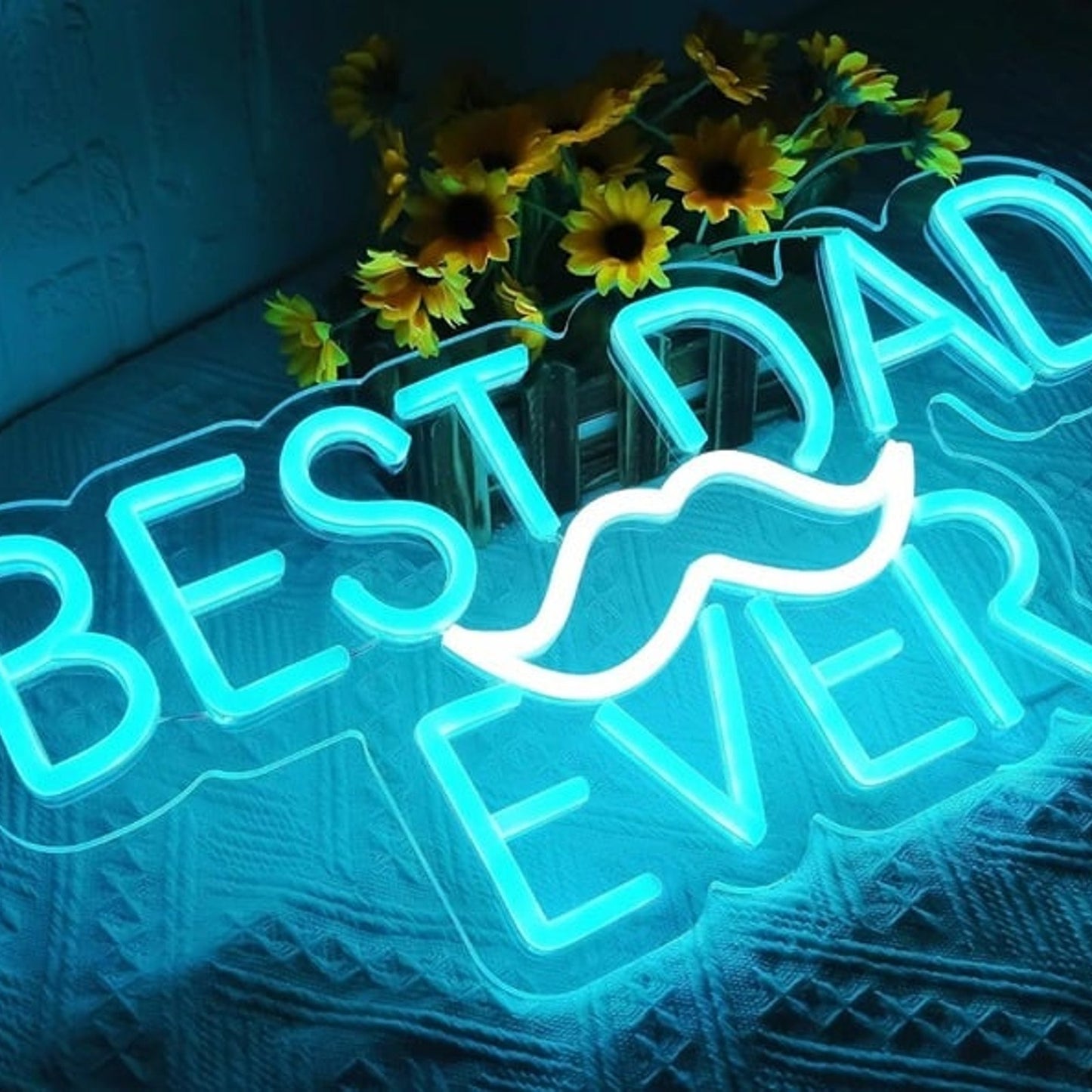 Lovely Bright Blue “Best Dad Ever” Mustache LED Night Light Father’s Day Decor