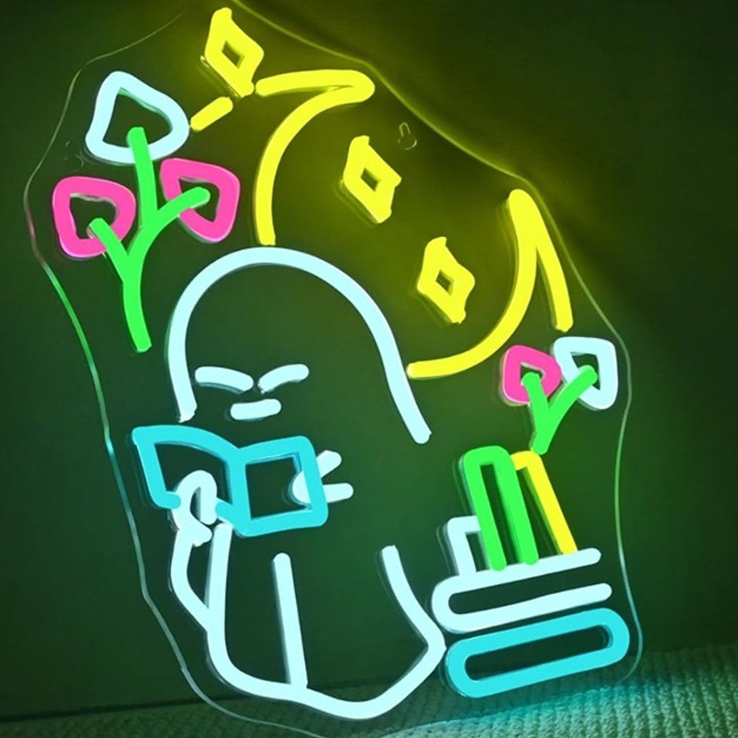 Lovely Bright Colorful Ghost Reading a Book Under Moon LED Light Room Wall Decor
