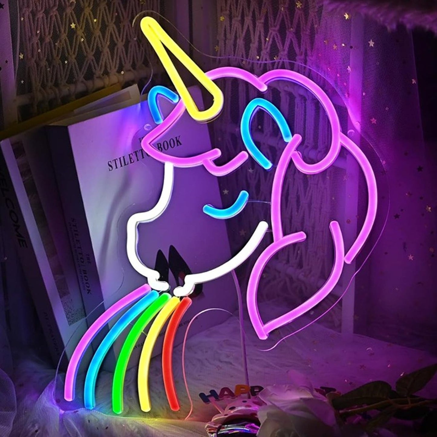 Fun Bright Unicorn Spitting Rainbows LED Night Light Room Wall Decoration