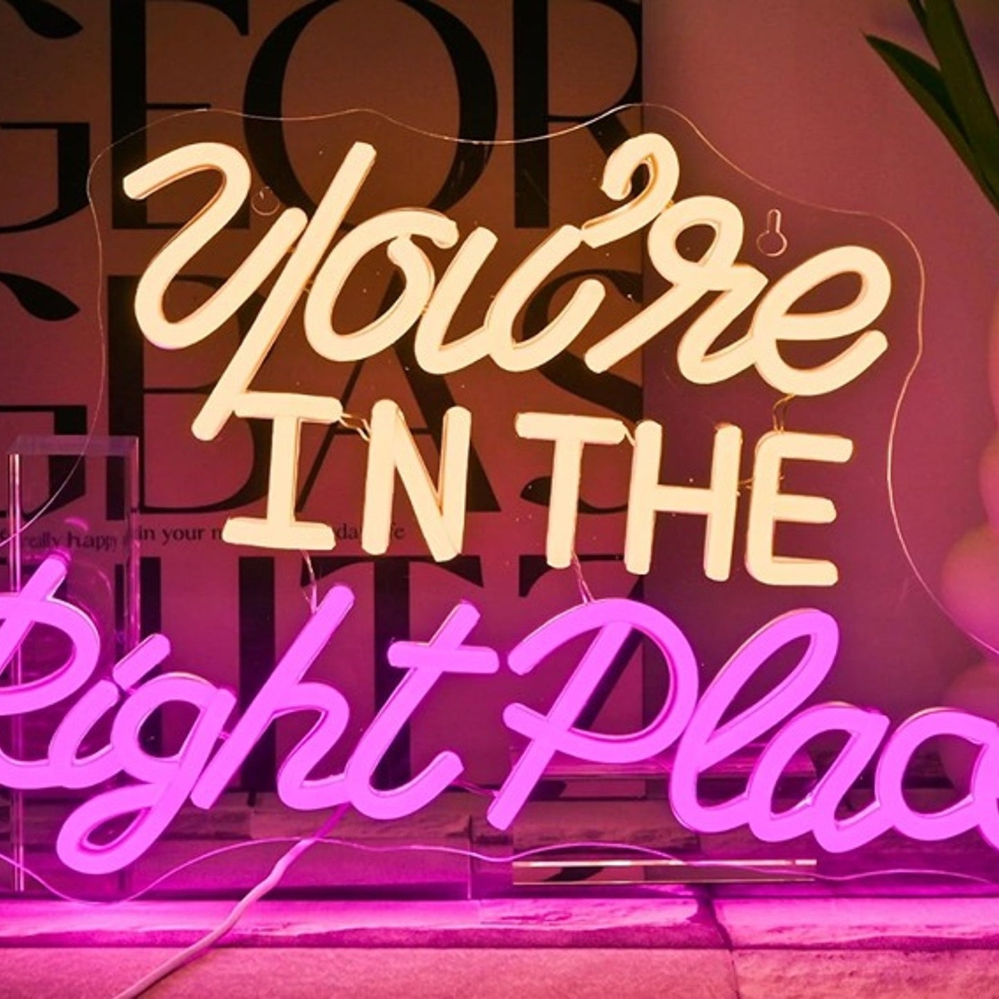 Lovely Bright Pink / White “You’re in the Right Place” LED Night Light Room Wall