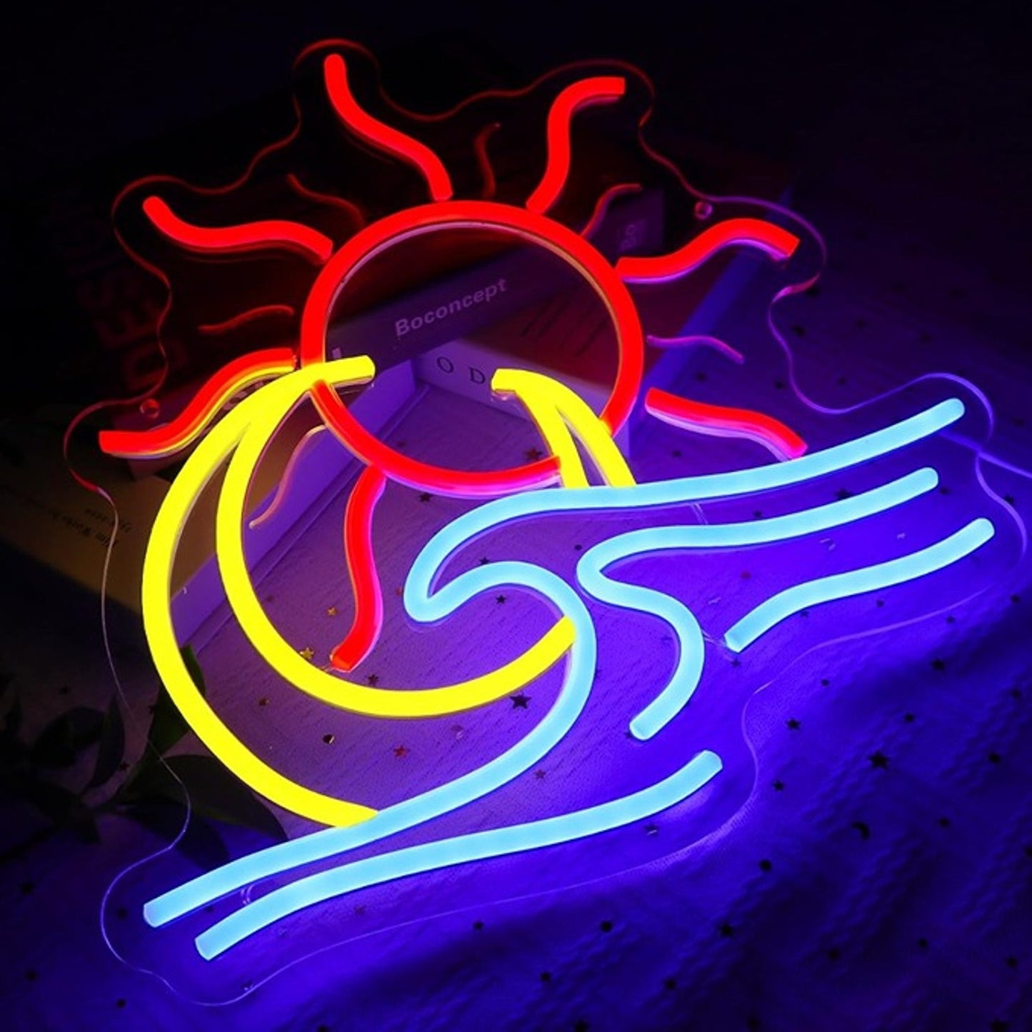 Lovely Bright Red Sun Yellow Moon and Blue Ocean Wave LED Night Light Wall Decor