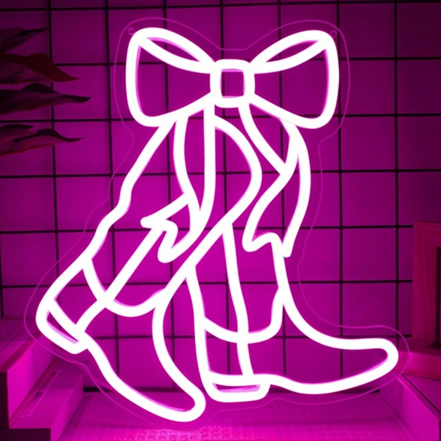 Lovely Bright Pink Bow Cowgirl Boots LED Night Light Room Wall Decoration