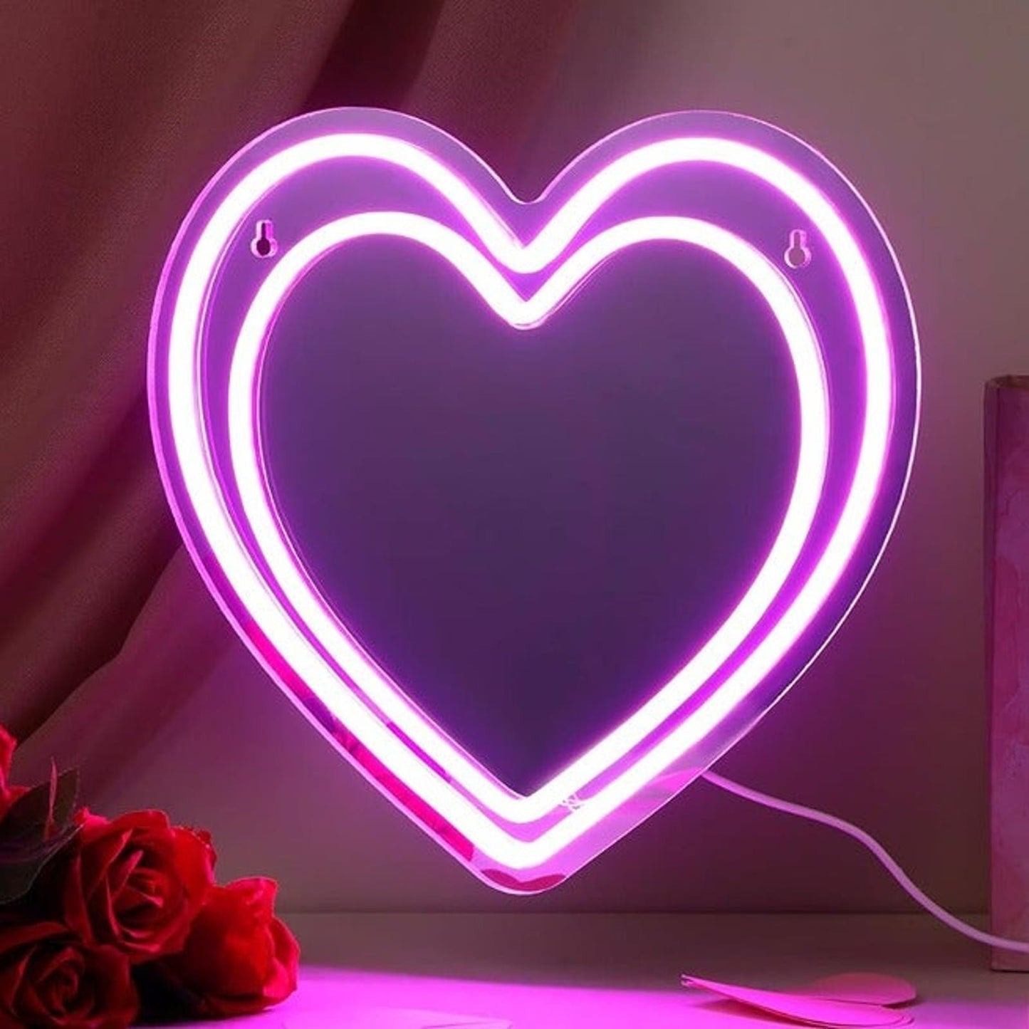 Lovely Bright Pink Double Heart Mirror LED Night Light Room Wall Decor