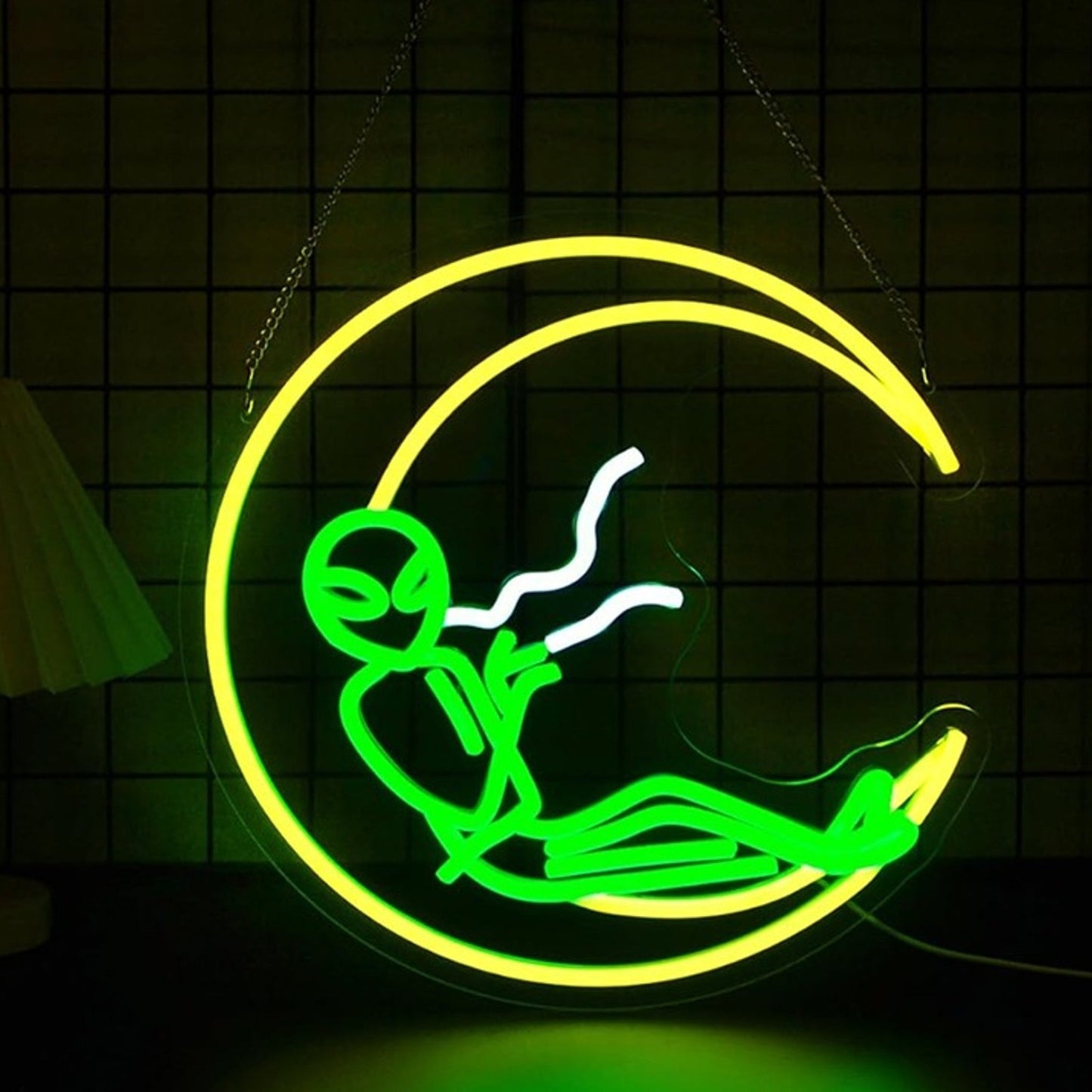 Fun Bright Green Alien Sitting on a Crescent Moon Night Light Room Wall Decor