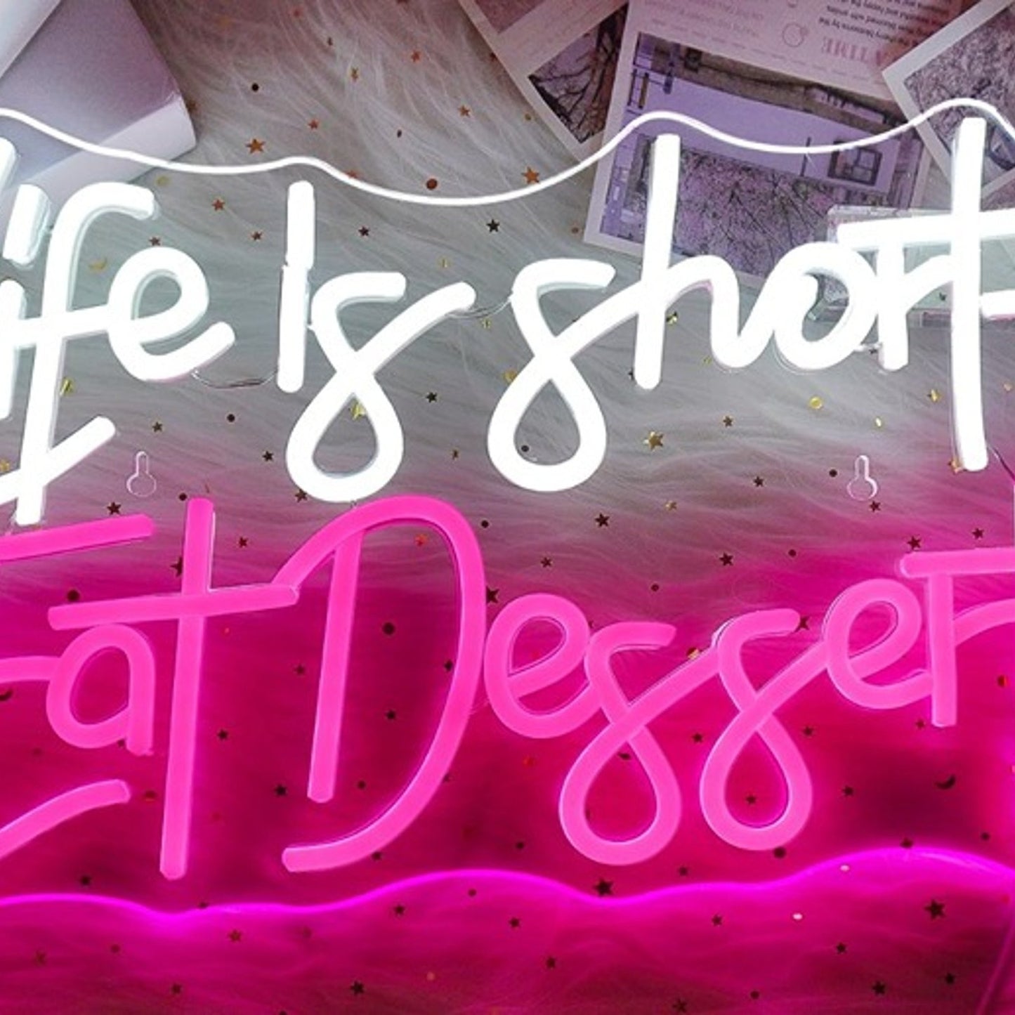 Fun Bright White / Pink “Life is Short Eat Dessert” Night Light Room Wall Decor