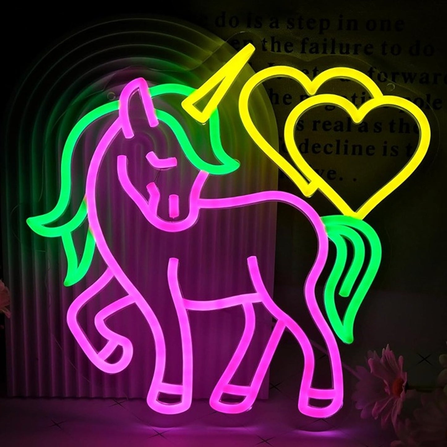 Lovely Bright Pink Unicorn Yellow Hearts LED Night Light Room Wall Decoration
