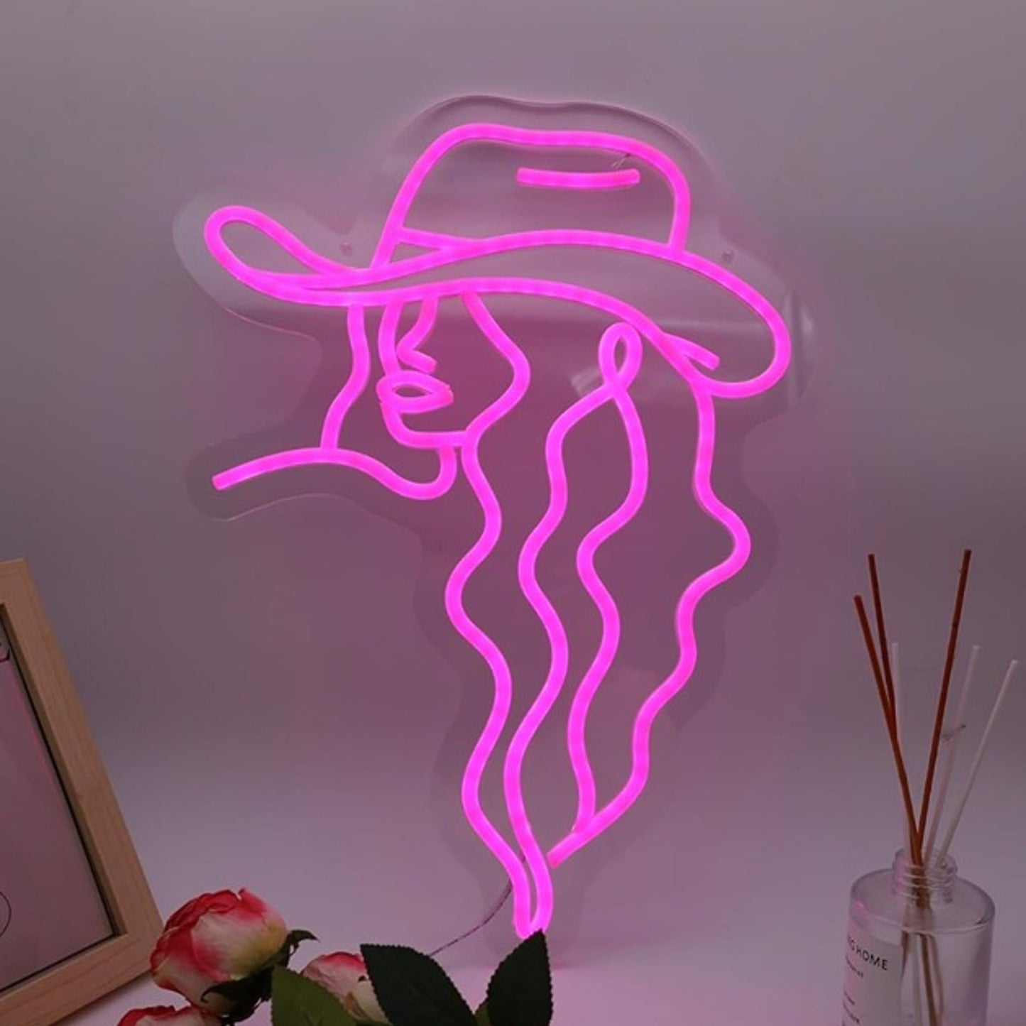 Lovely Bright Pink Long Hair Cow Girl LED Night Light Room Wall Decoration