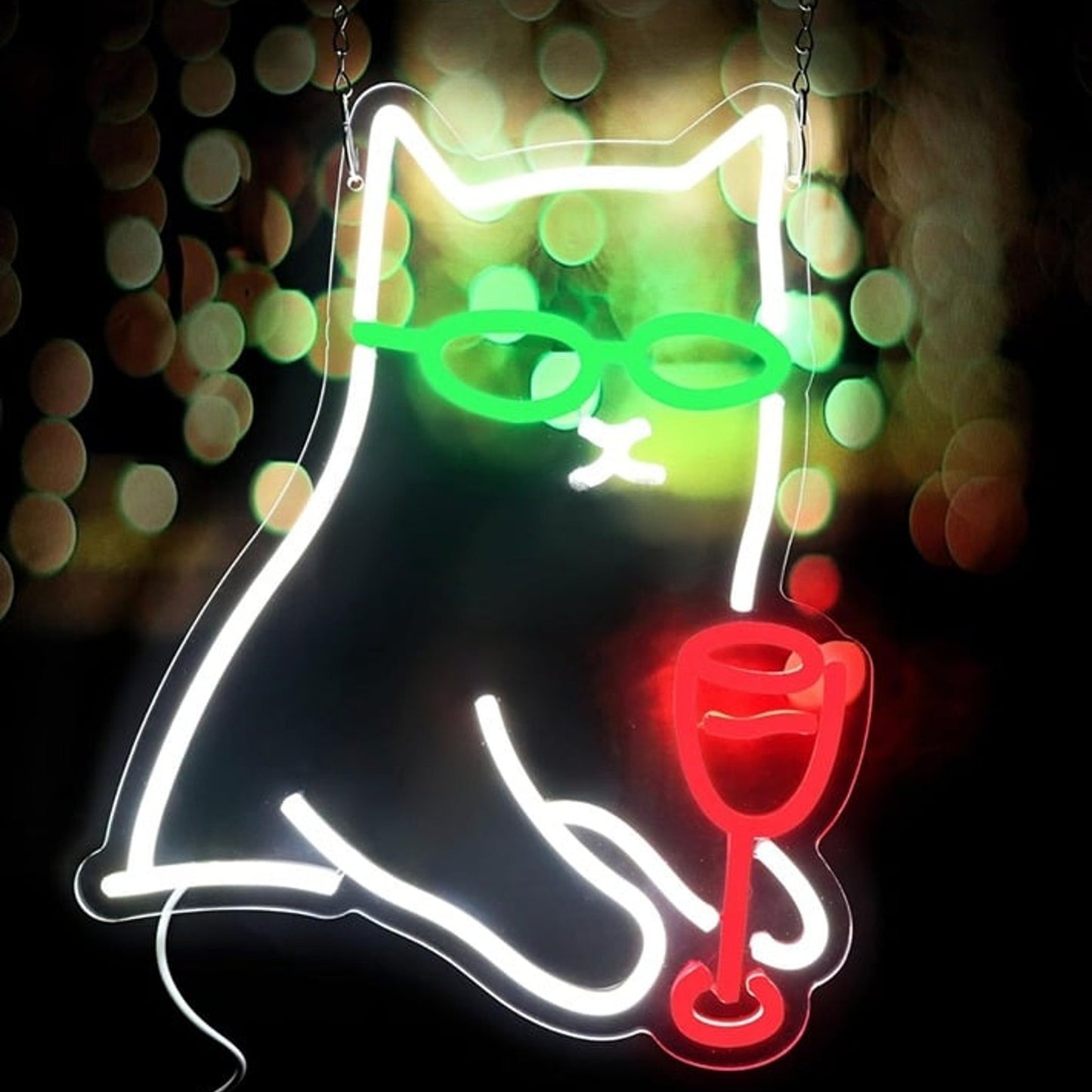 Fun Bright White Kitty Cat in Sunglasses Drinking Wine LED Night Light Room Wall