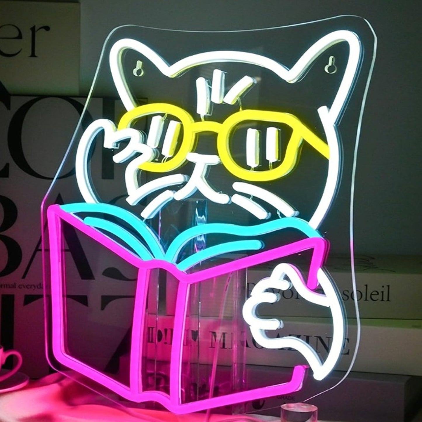 Fun Bright Kitty Cat Reading a Book with Glasses On LED Light Room Decoration