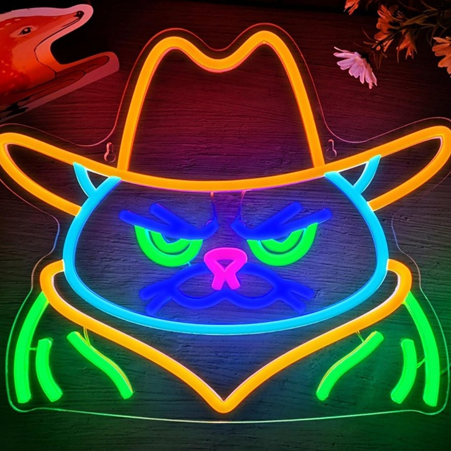 Fun Bright Colorful Cowboy Cat Cartoon LED Night Light Room Wall Decor