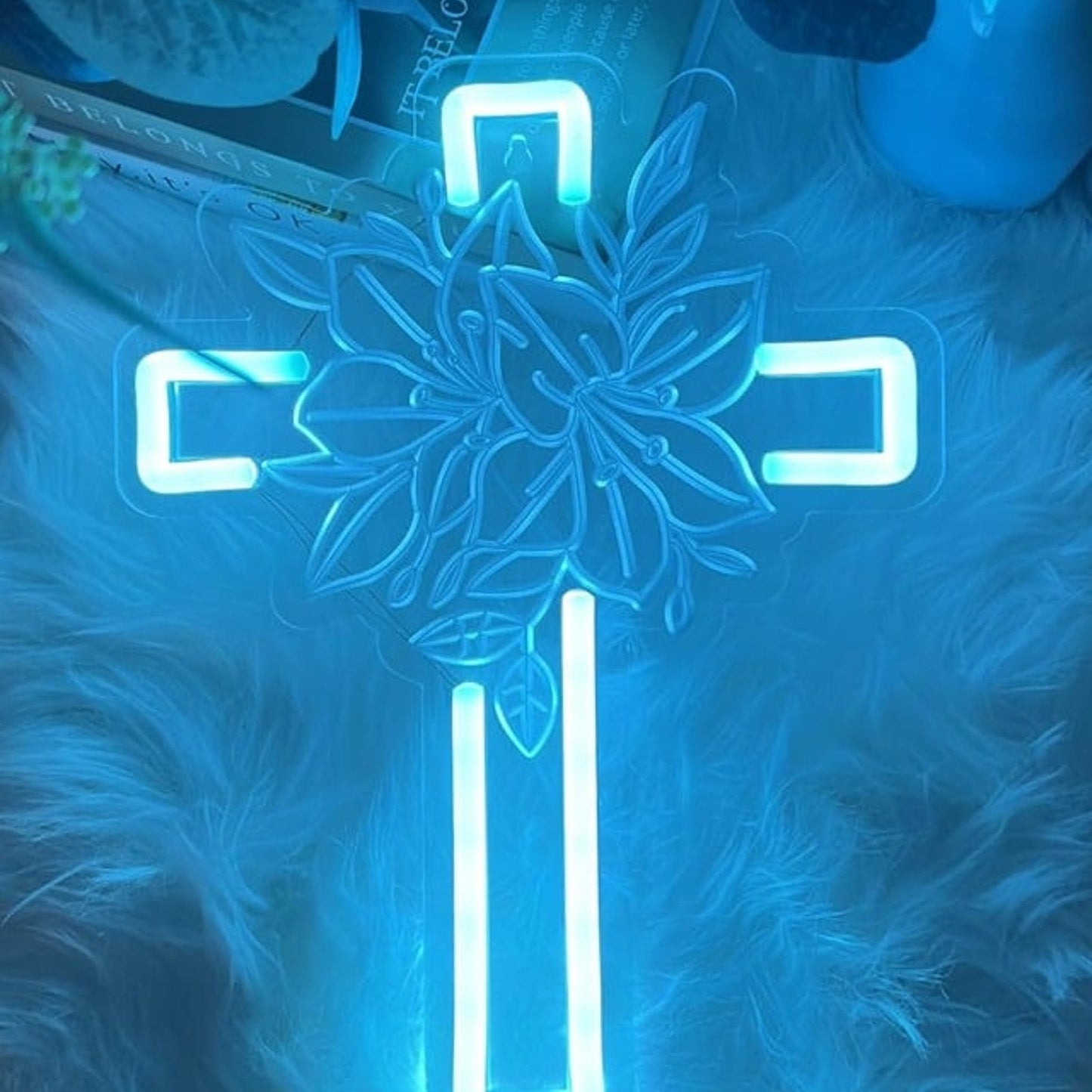 Vivid Bright Blue Cross and Flowers LED Night Light Room Wall Decoration