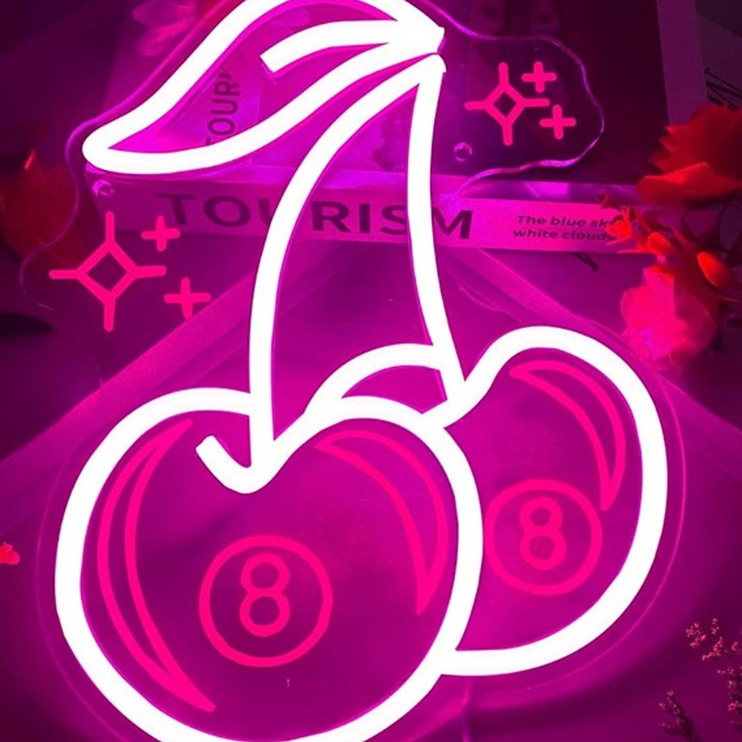 Lovely Bright Pink Cherries LED Night Light Room Wall Decoration