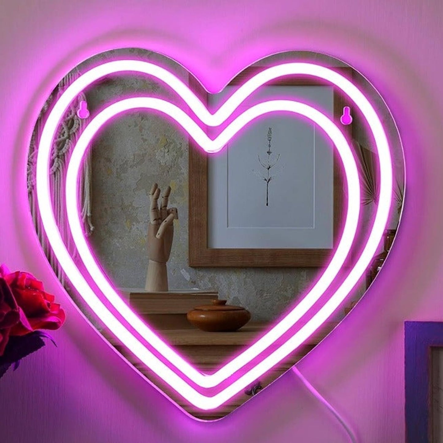 Lovely Bright Pink Double Heart Mirror LED Night Light Room Wall Decor