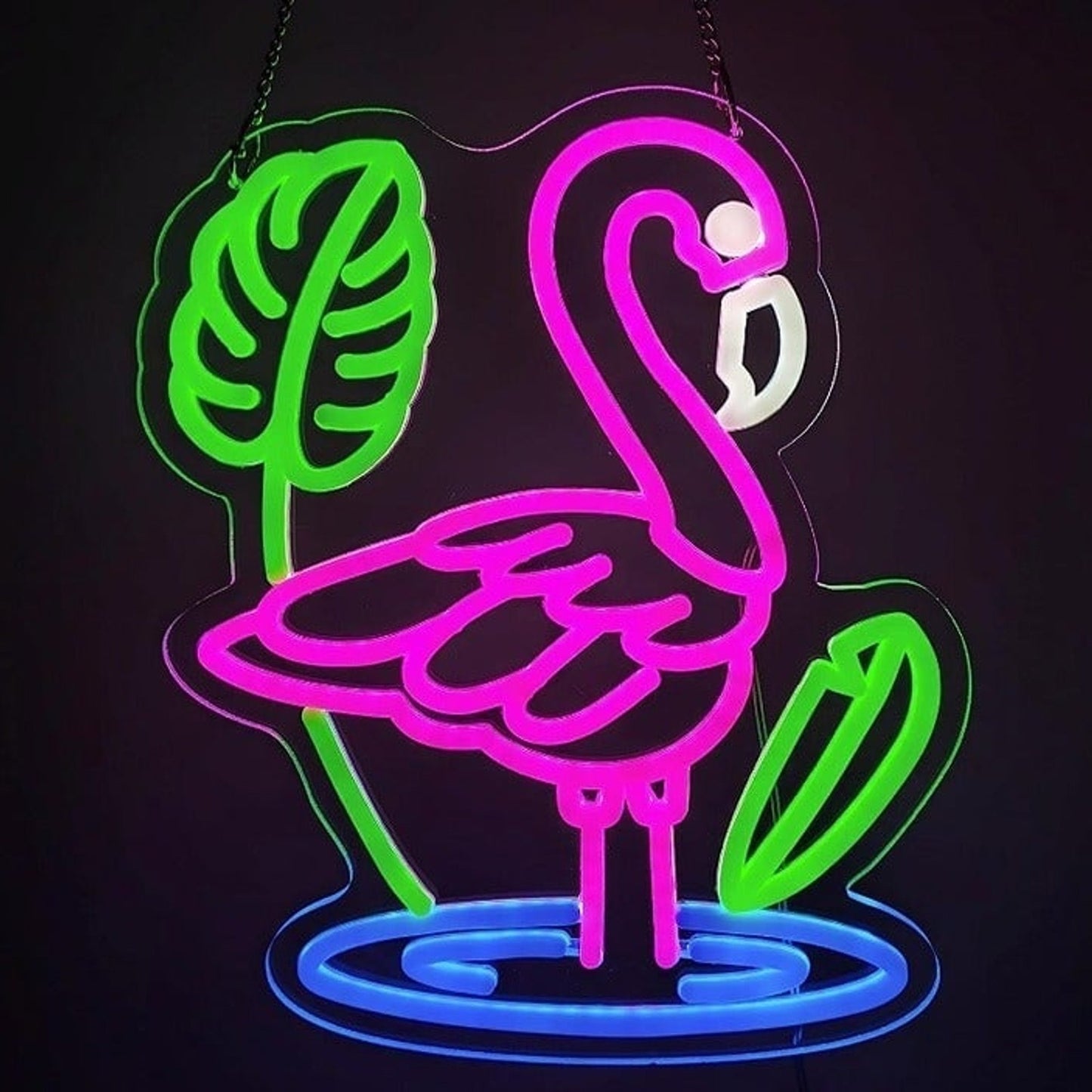 Lovely Bright Pink Bathing Flamingo LED Night Light Jungle Leaf Room Wall Decor