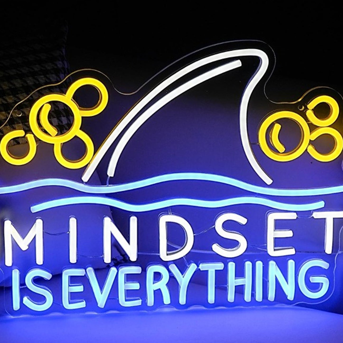 Vivid Bright Blue Shark Fin “Mindset is Everything” Night Light Room Wall Decor