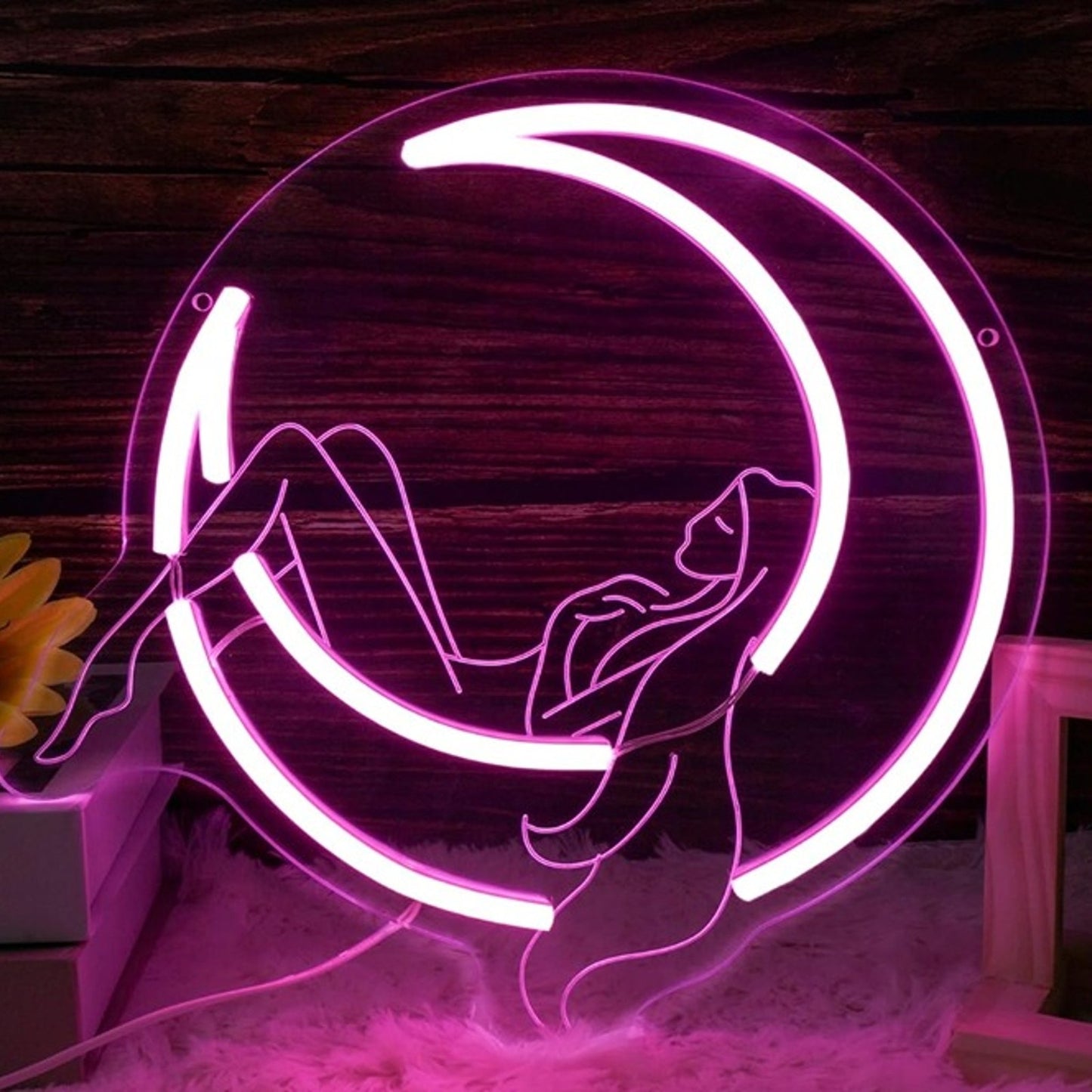 Lovely Bright Lady Resting on Crescent Moon LED Night Light Room Wall Decoration