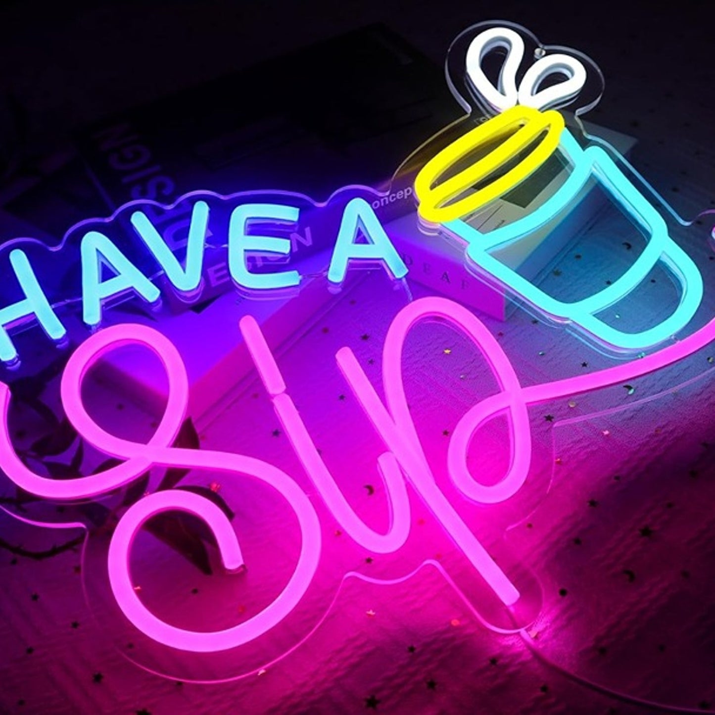 Lovely Bright Pink / Blue “Have a Sip” Coffee LED Night Light Room Wall Decor