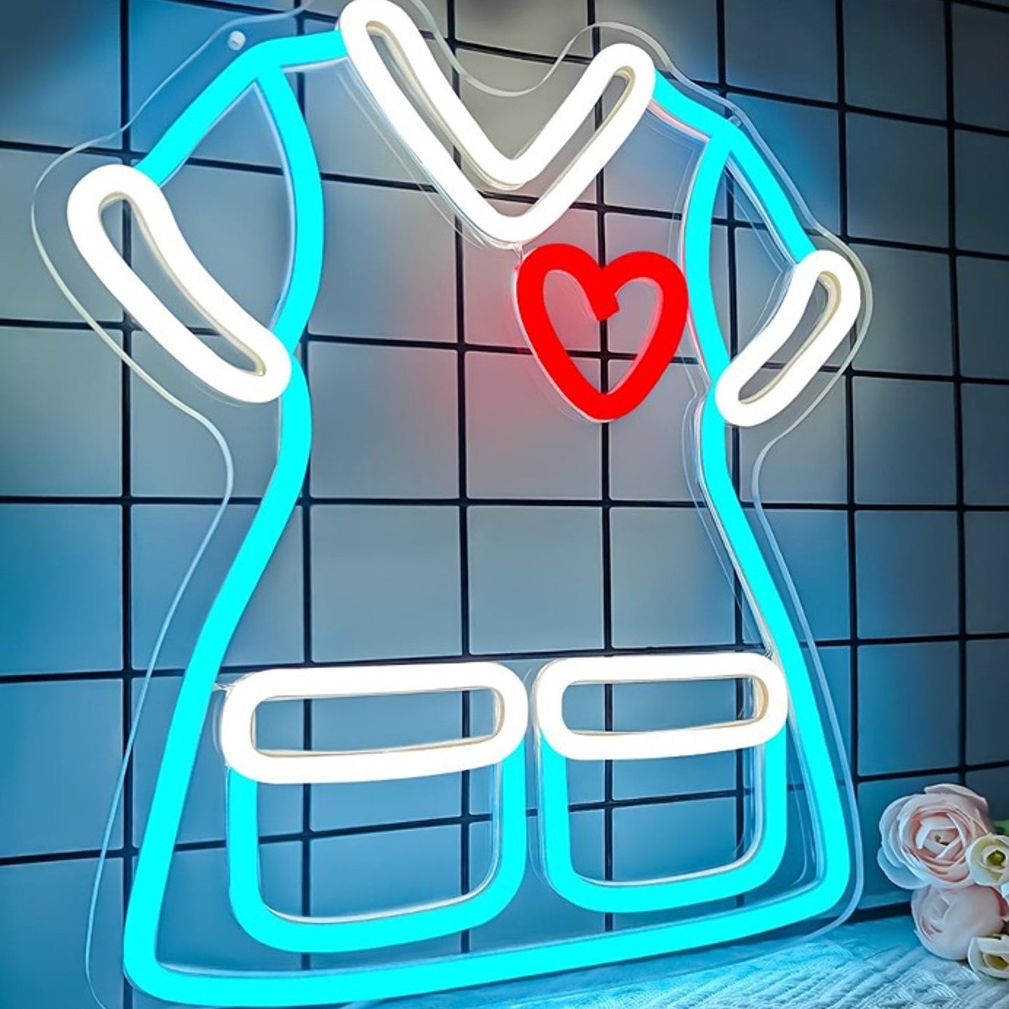 Lovely Bright Blue Nurse Scrub Shirt Red Heart Night Light Room Wall Hospital