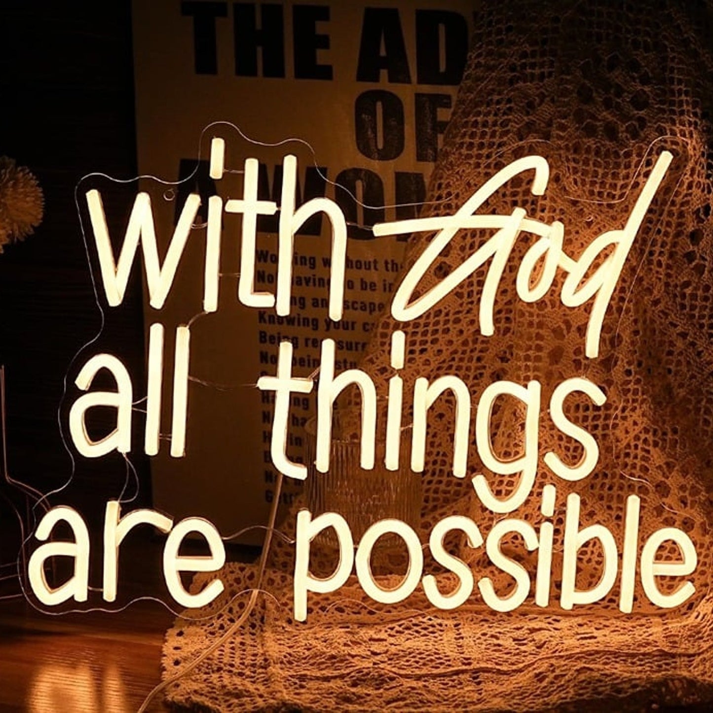 Lovely Bright Warm White “With God All Things Are Possible” LED Light Room Decor