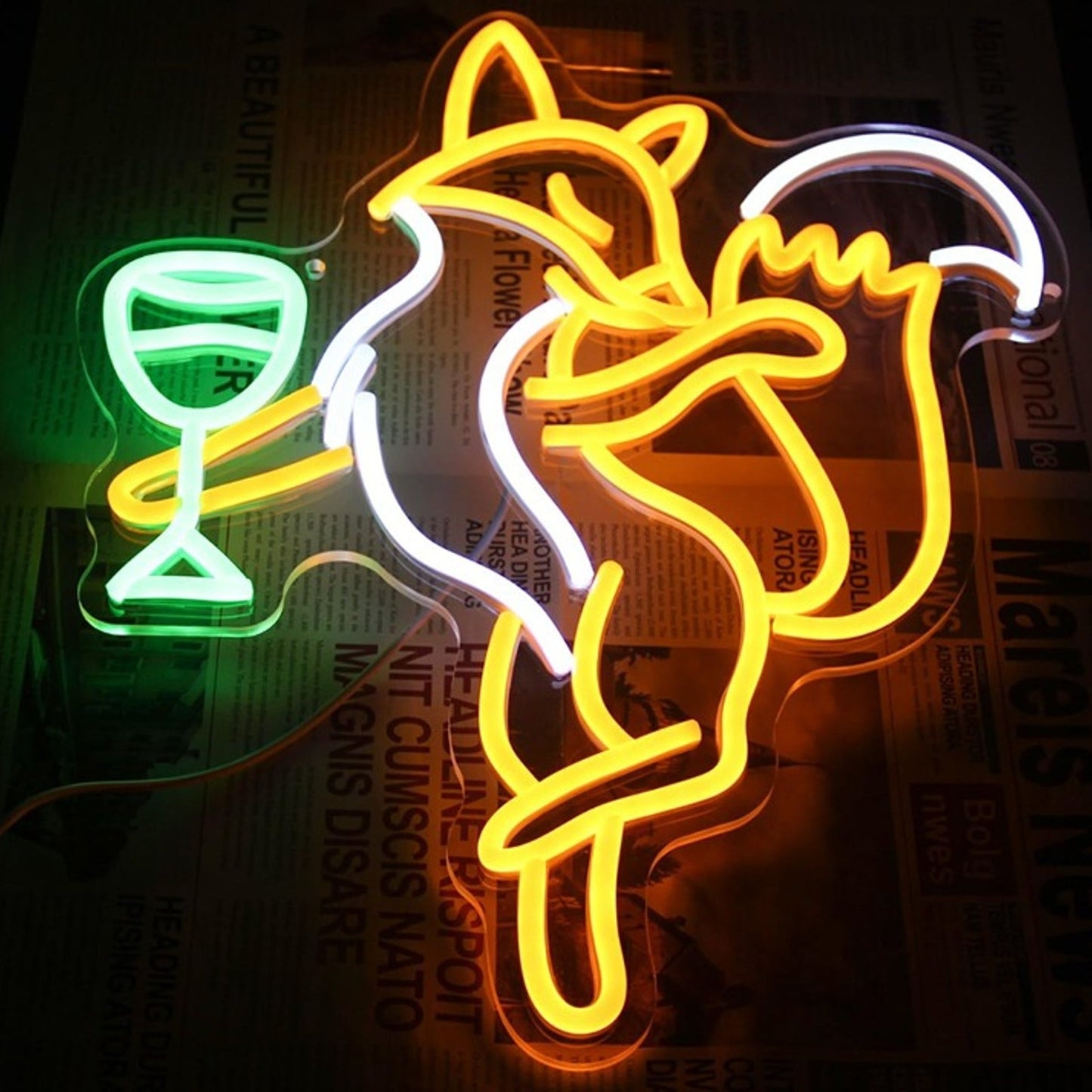 Fun Bright Yellow Fox Drinking Wine LED Night Light Room Wall Decoration