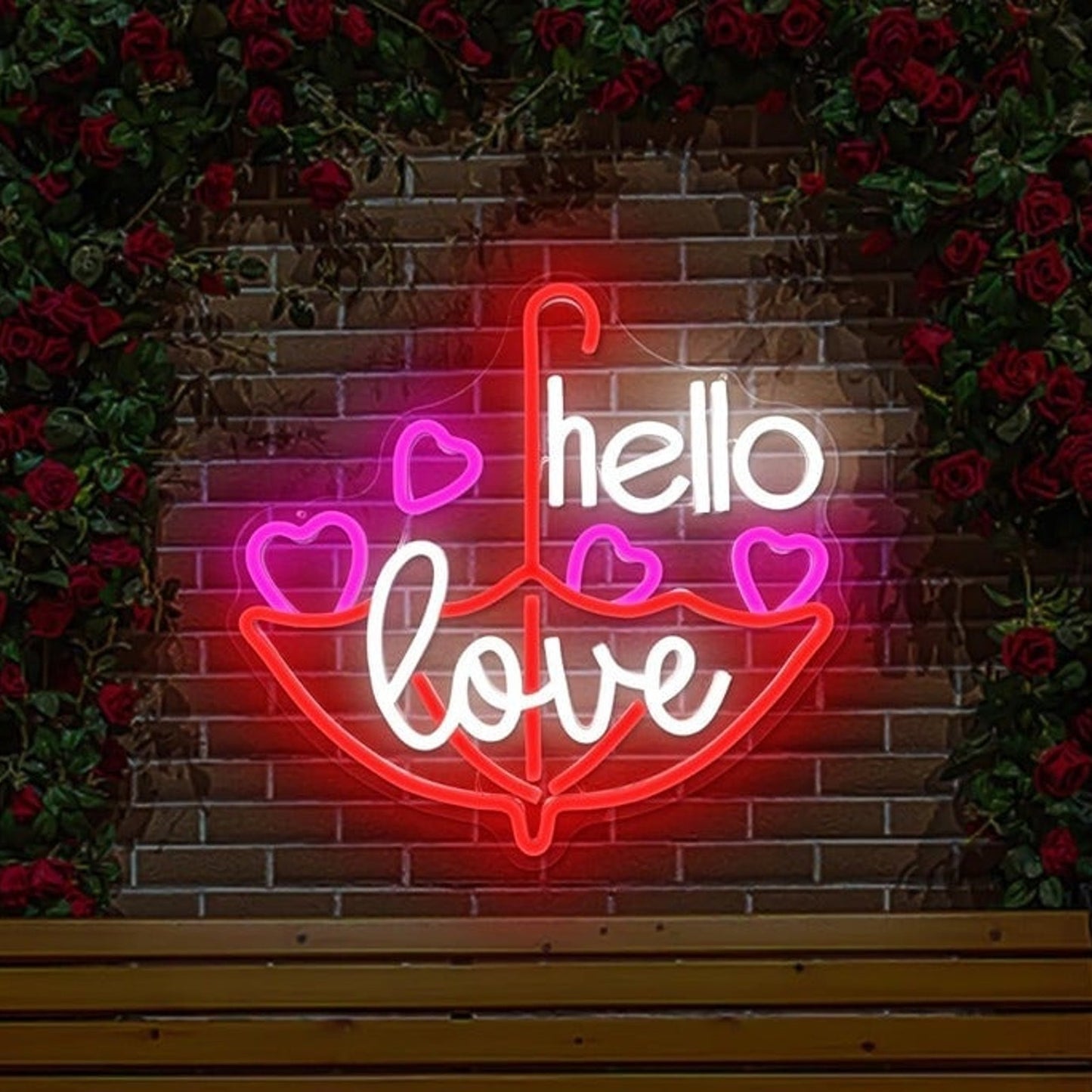 Romantic Bright Colorful “Hello Love” Umbrella & Hearts LED Night Light Decor