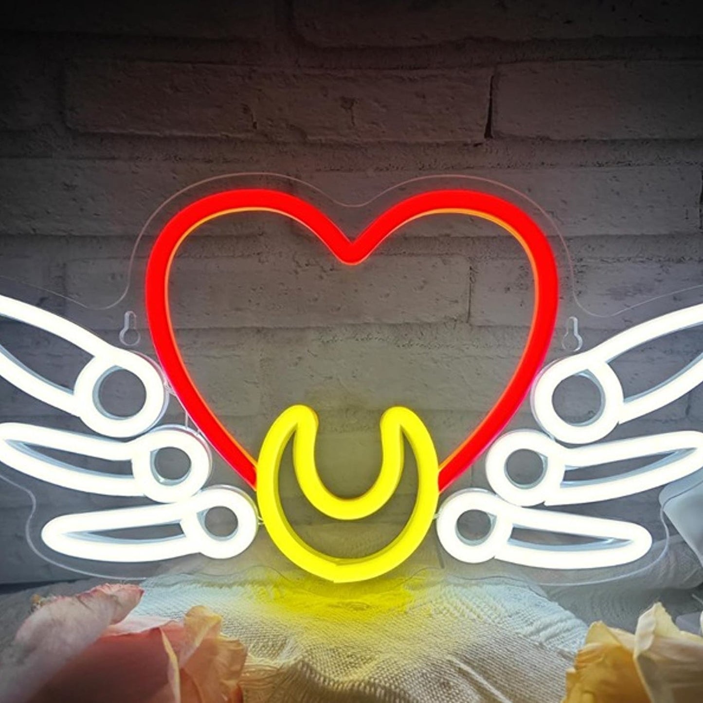 Lovely Bright Red Heart Wing Crescent Moon LED Night Light Room Wall Decor