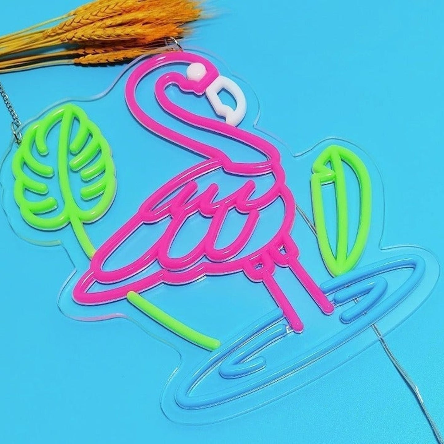 Lovely Bright Pink Bathing Flamingo LED Night Light Jungle Leaf Room Wall Decor
